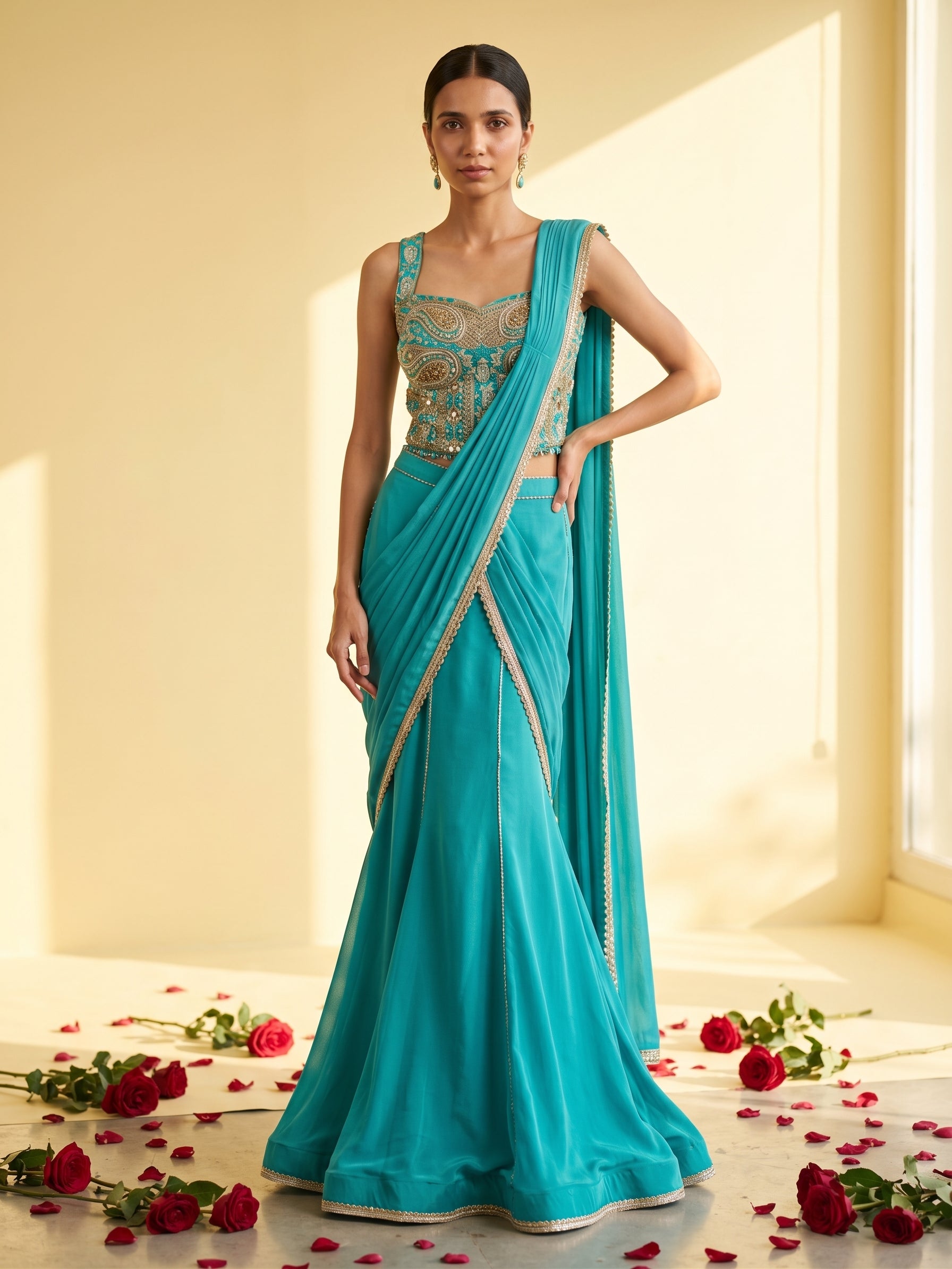 Fuchsia Pink & Turquoise Chinnon Drape Saree with Handwork Corset Blouse