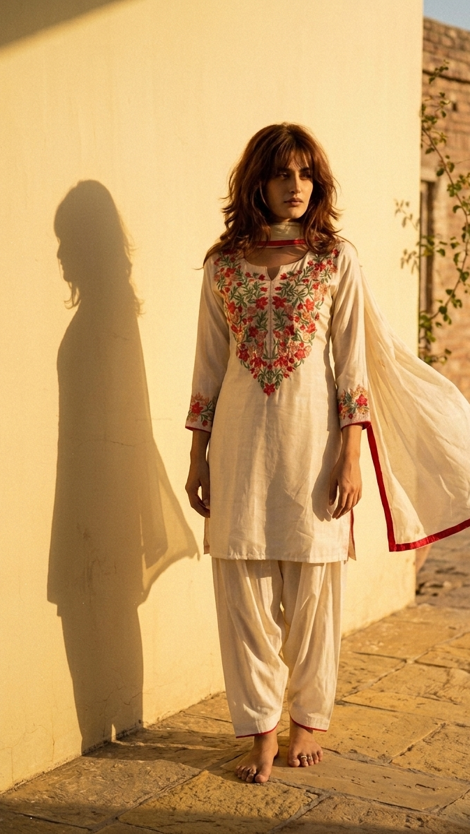 Mul Chanderi Embroidered Punjabi Suit Set with Patiala & Dupatta