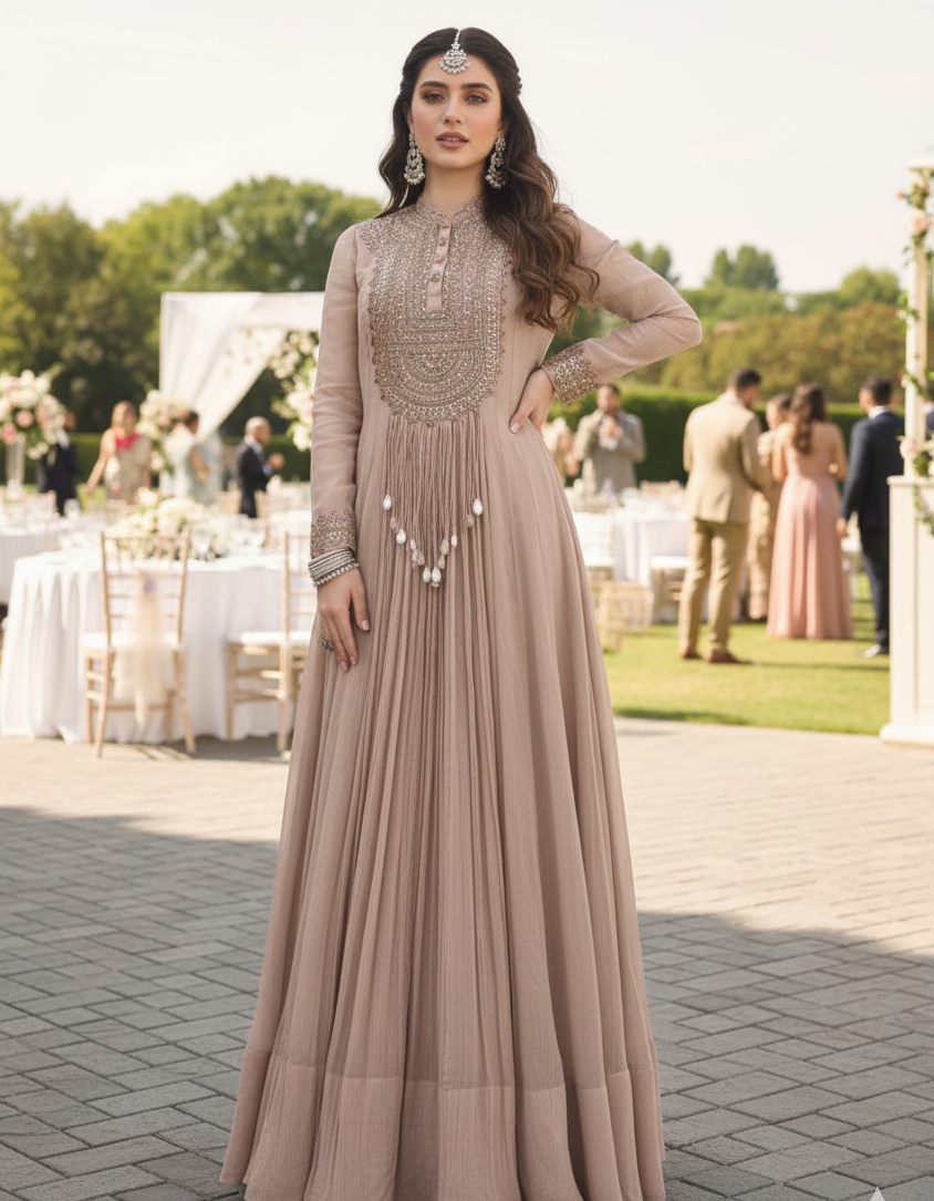 Champagne Beige Premium Crush Silk Embroidered Gown with Chinon Silk Dupatta