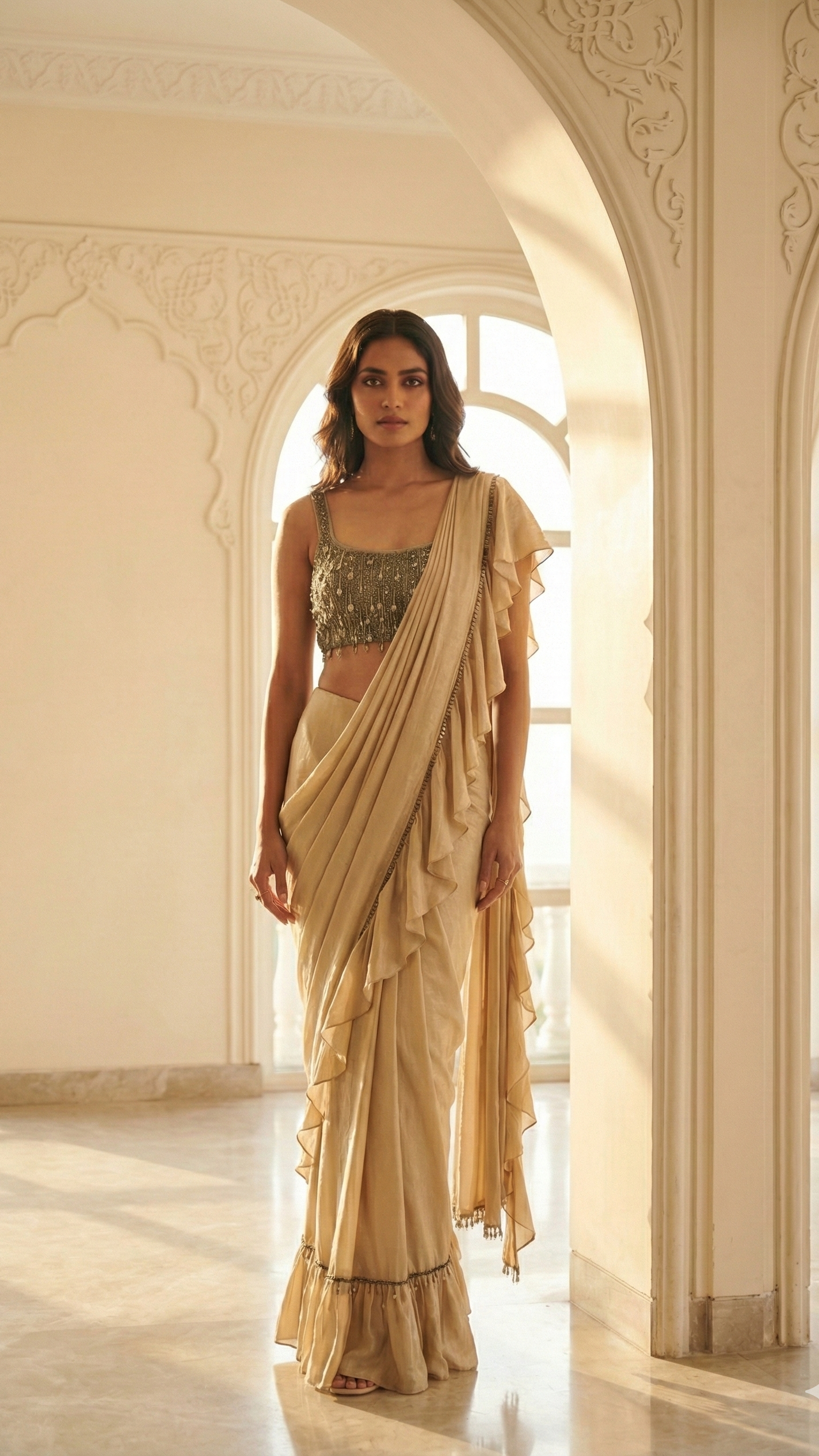 Ivory Gold Chinnon Silk Draped Saree Set with Heavy Handwork Tassel Blouse