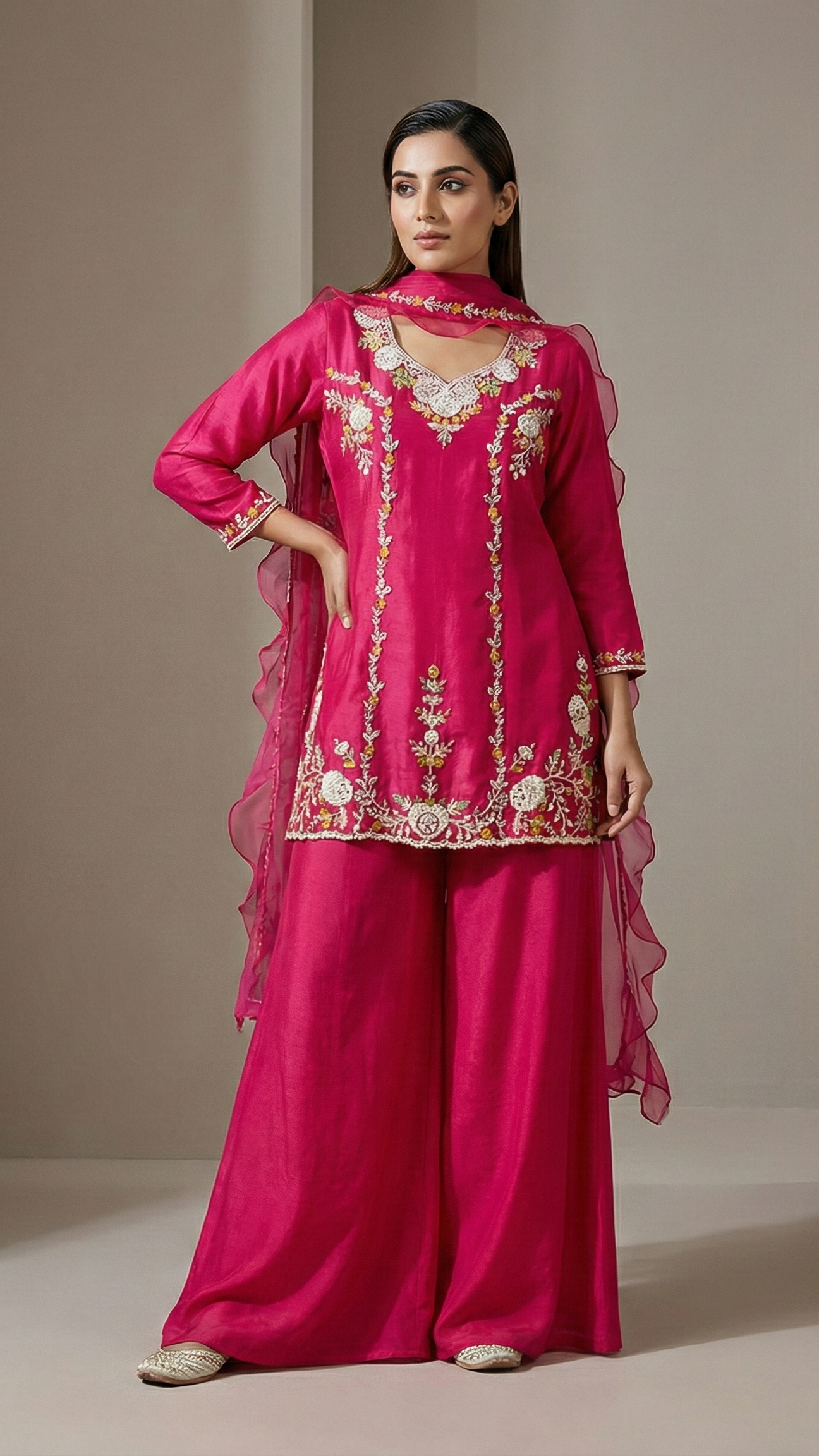 Fuchsia Bloom Chinon Silk Straight Suit Set with Organza Ruffle Dupatta