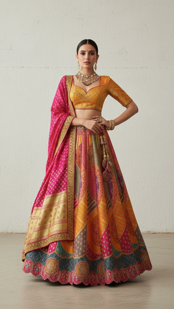 Royal Multicolour Banarasi Silk Lehenga Choli with Zarkan, Cutwork & Latkan Belt