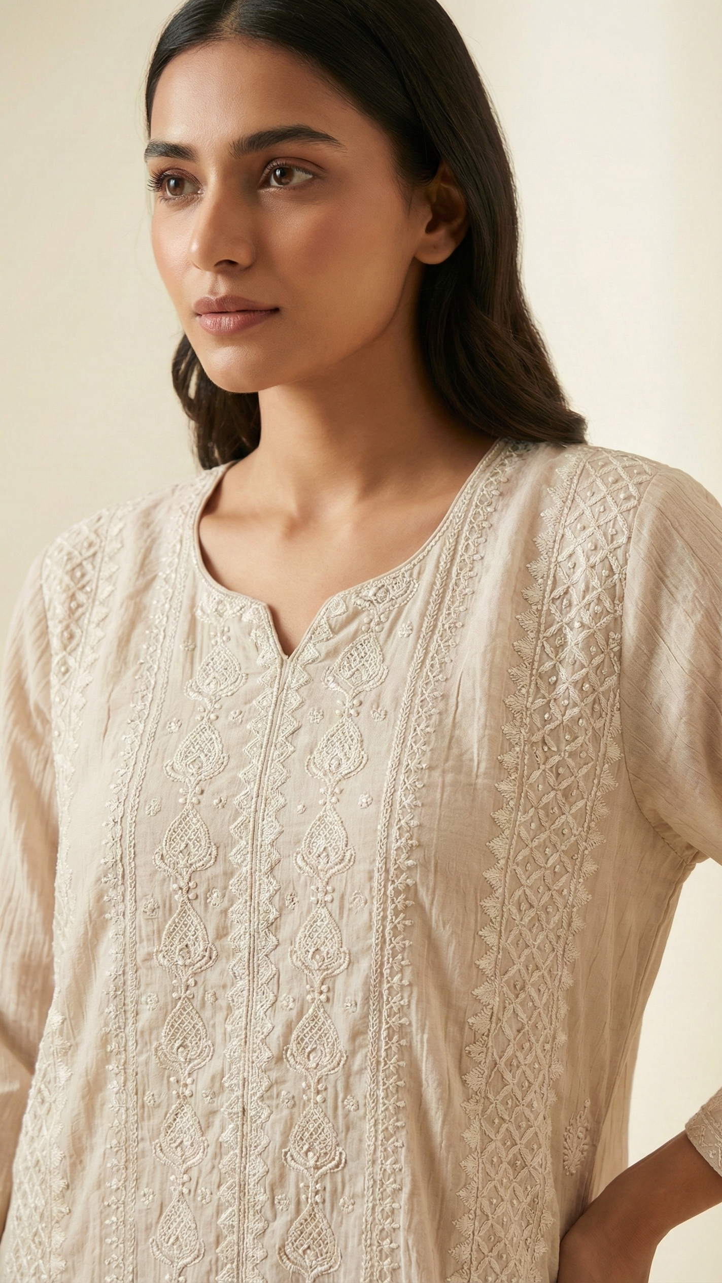 Beige Pure Mulchanderi Handwork Straight Suit Set with Dupatta & Pants