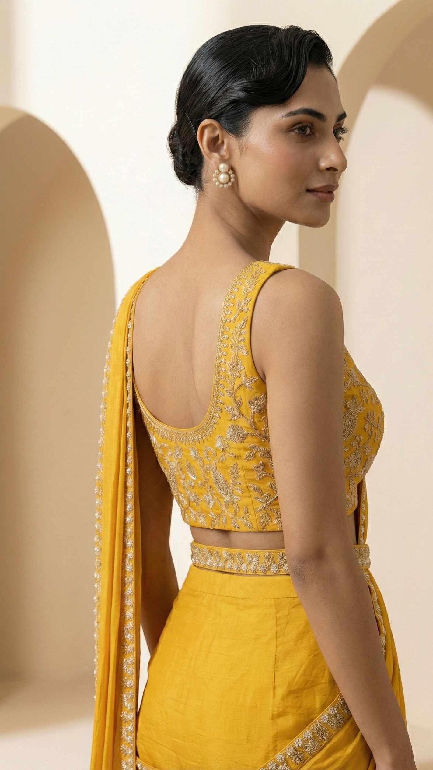 Sunlit Mustard Chinnon Silk Draped Indo-Western Set with Zardosi & Moti Work