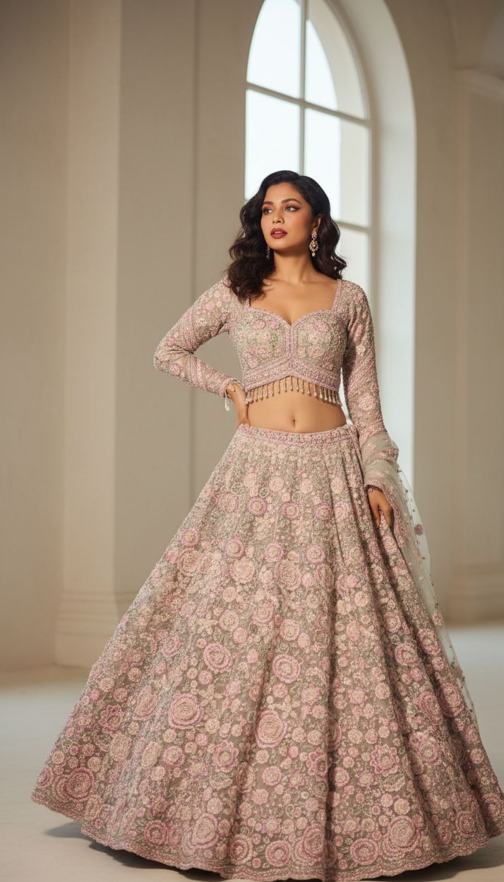 Pastel Mint Net Embroidered Mirror Work Designer Lehenga Choli