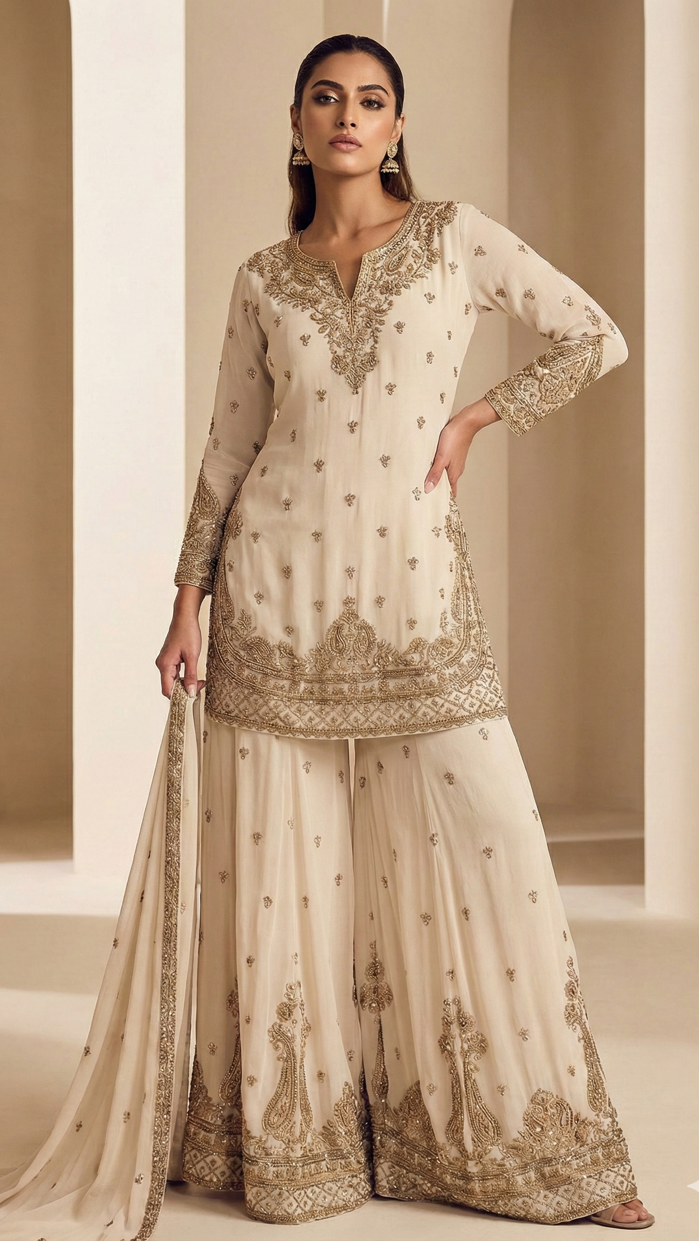 Teal Green and Ivory Indo-Western Chinnon Silk Embroidered Kurta Set with Dupatta