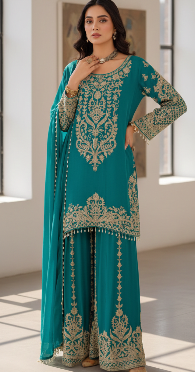 Premium Heavy Chinon Embroidered Kurta Set with Palazzo & Dupatta