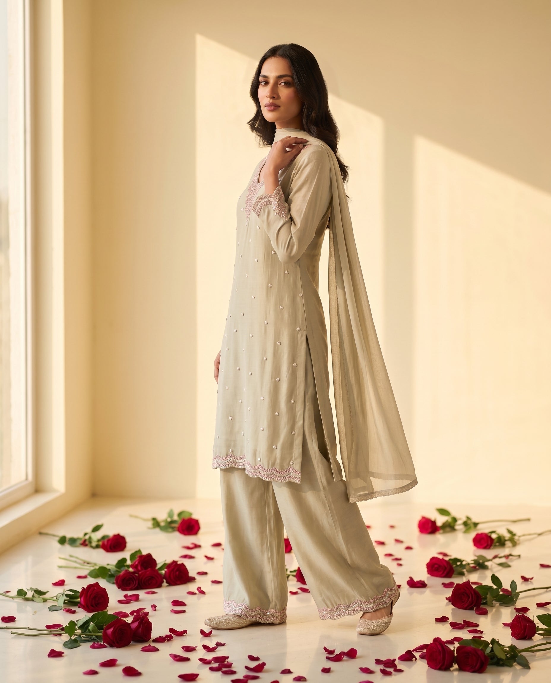 Ivory Beige Mint  Chinnon Handwork Palazzo Suit with Dupatta