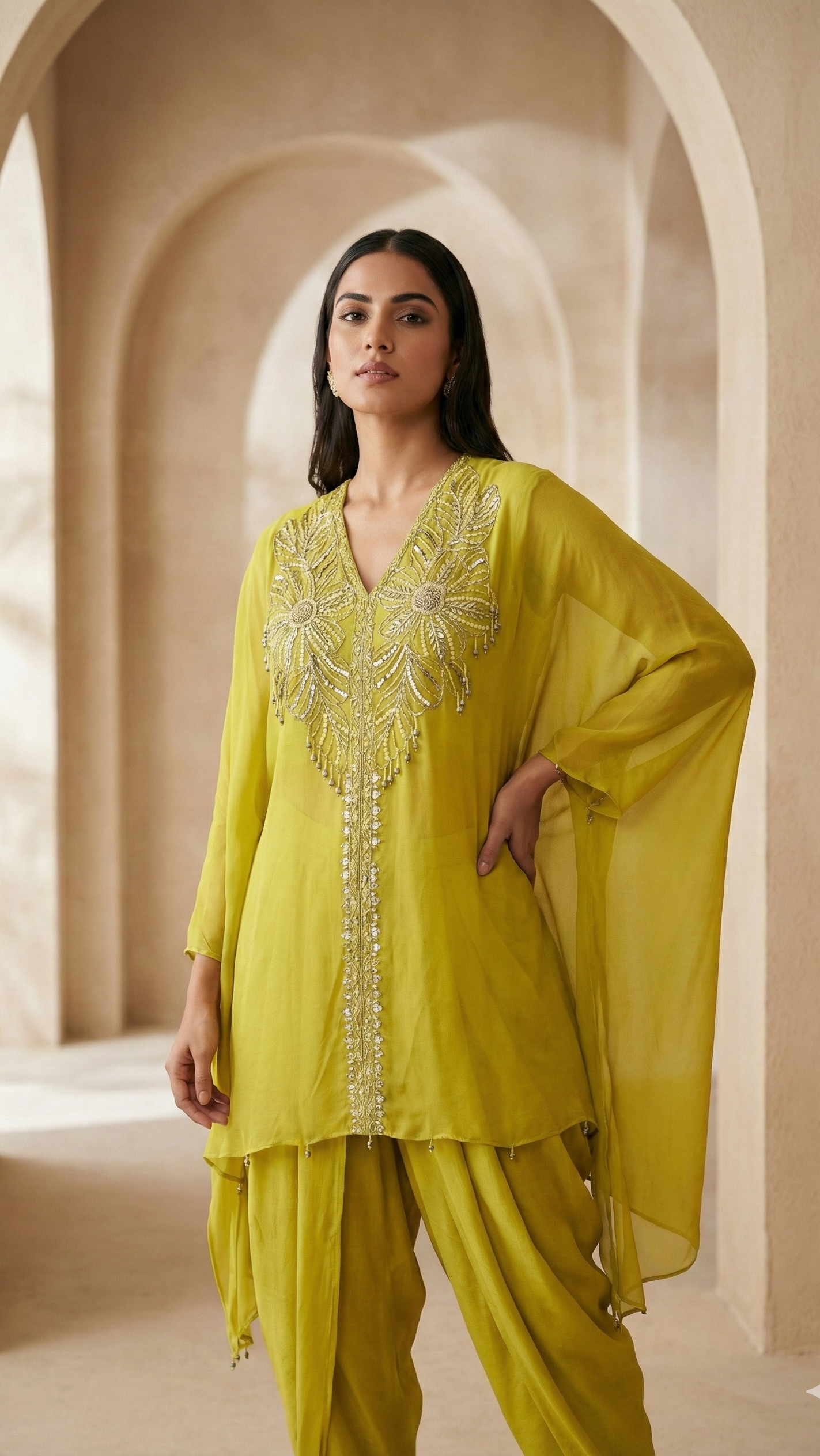 Lime Glow Georgette Indo-Western Set with Embroidery