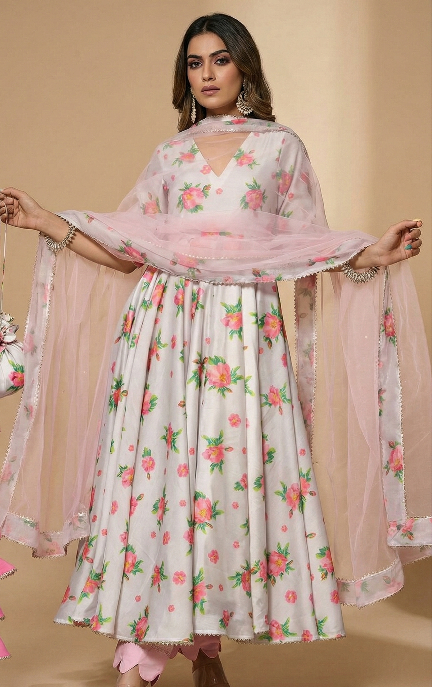 Ivory Pink Floral Chanderi Suit Set with Organza Dupatta