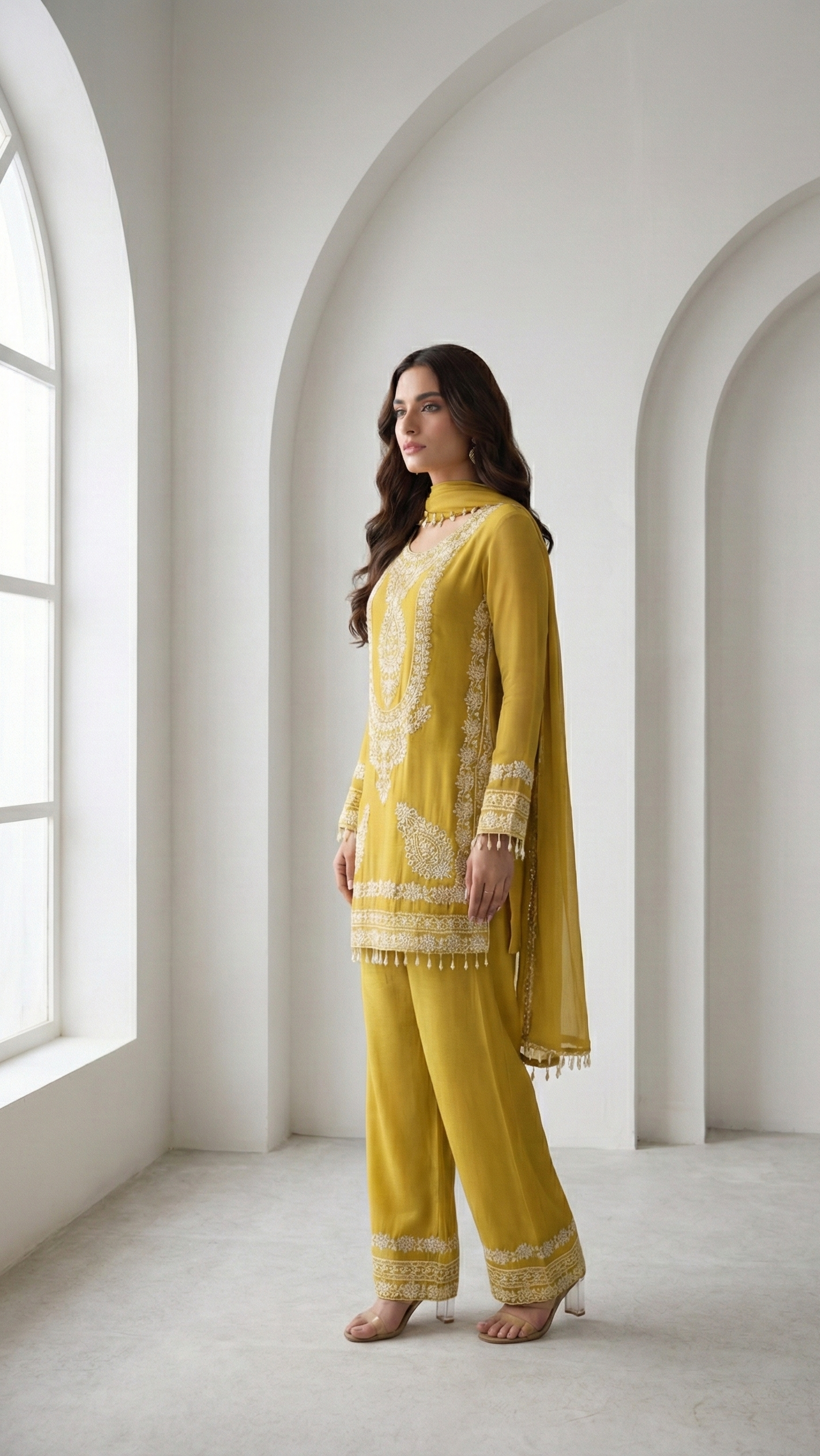 Mustard Yellow Premium Georgette Suit Set with Heavy Beads Embroidery & Chinon Silk Palazzo
