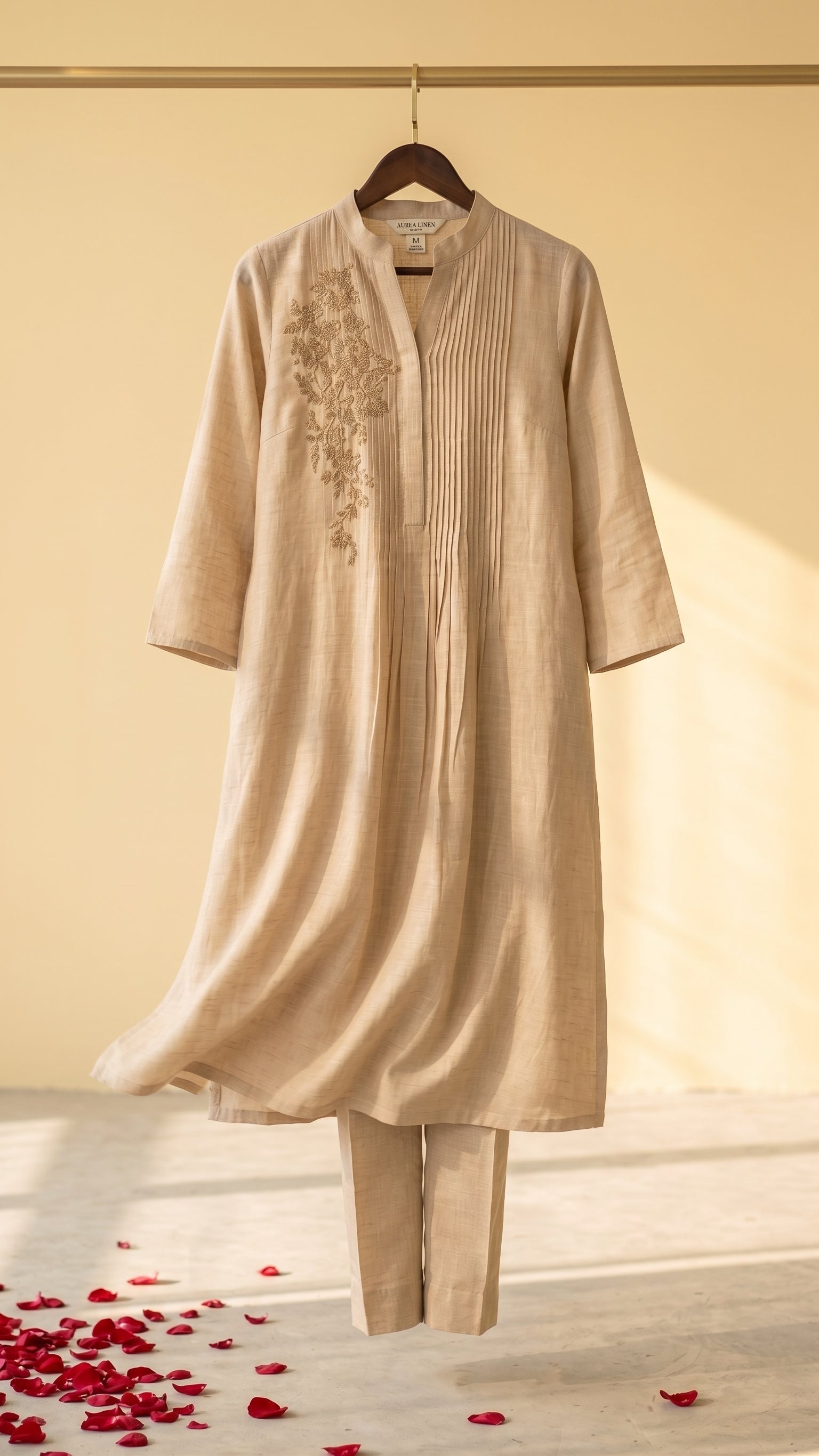 Champagne Beige Mul Chanderi Embroidered Suit with Pants & Dupatta