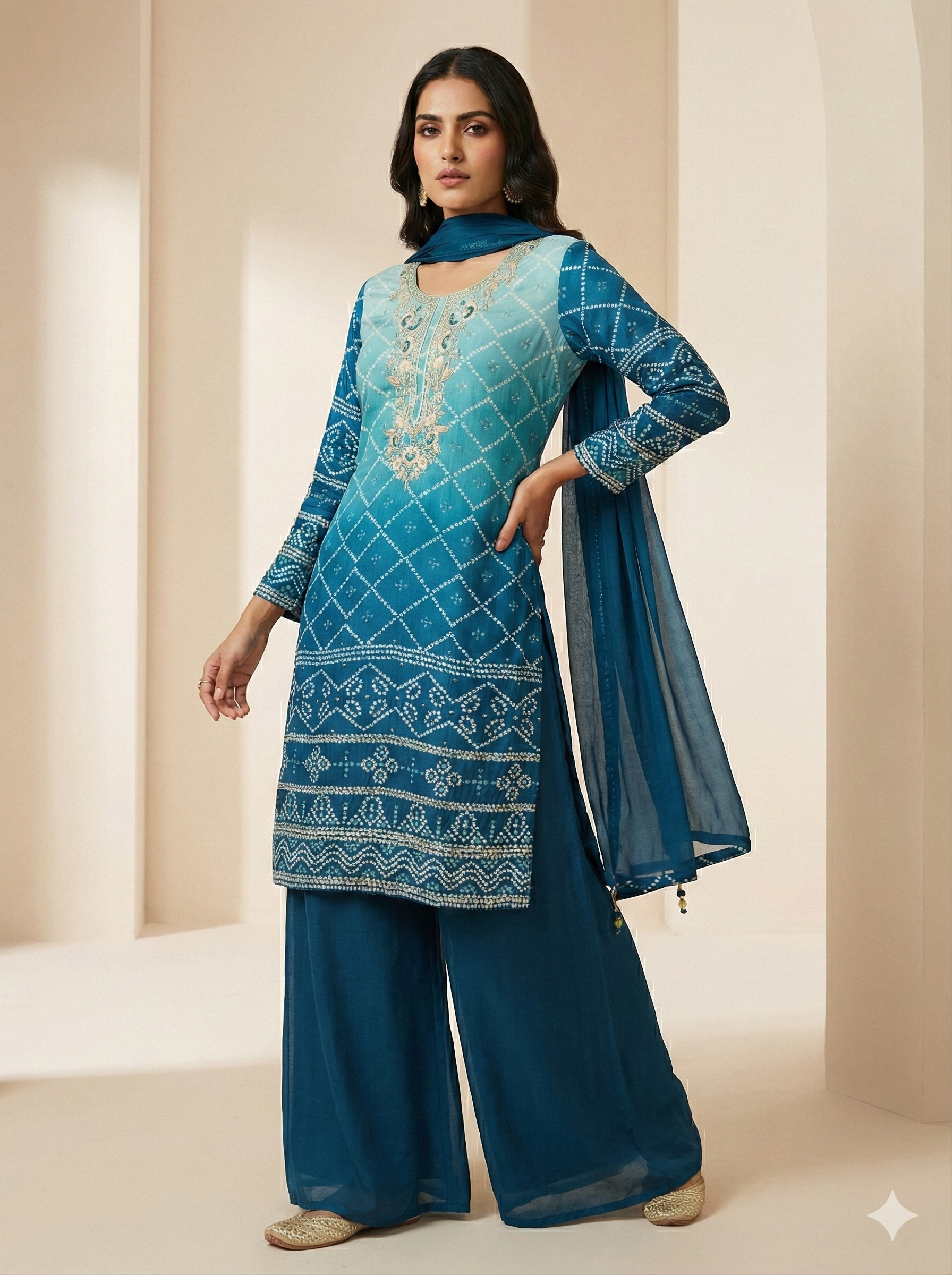 Teal Blue and Pink Georgette Printed & Embroidered Kurta Pant Set with Chiffon Dupatta