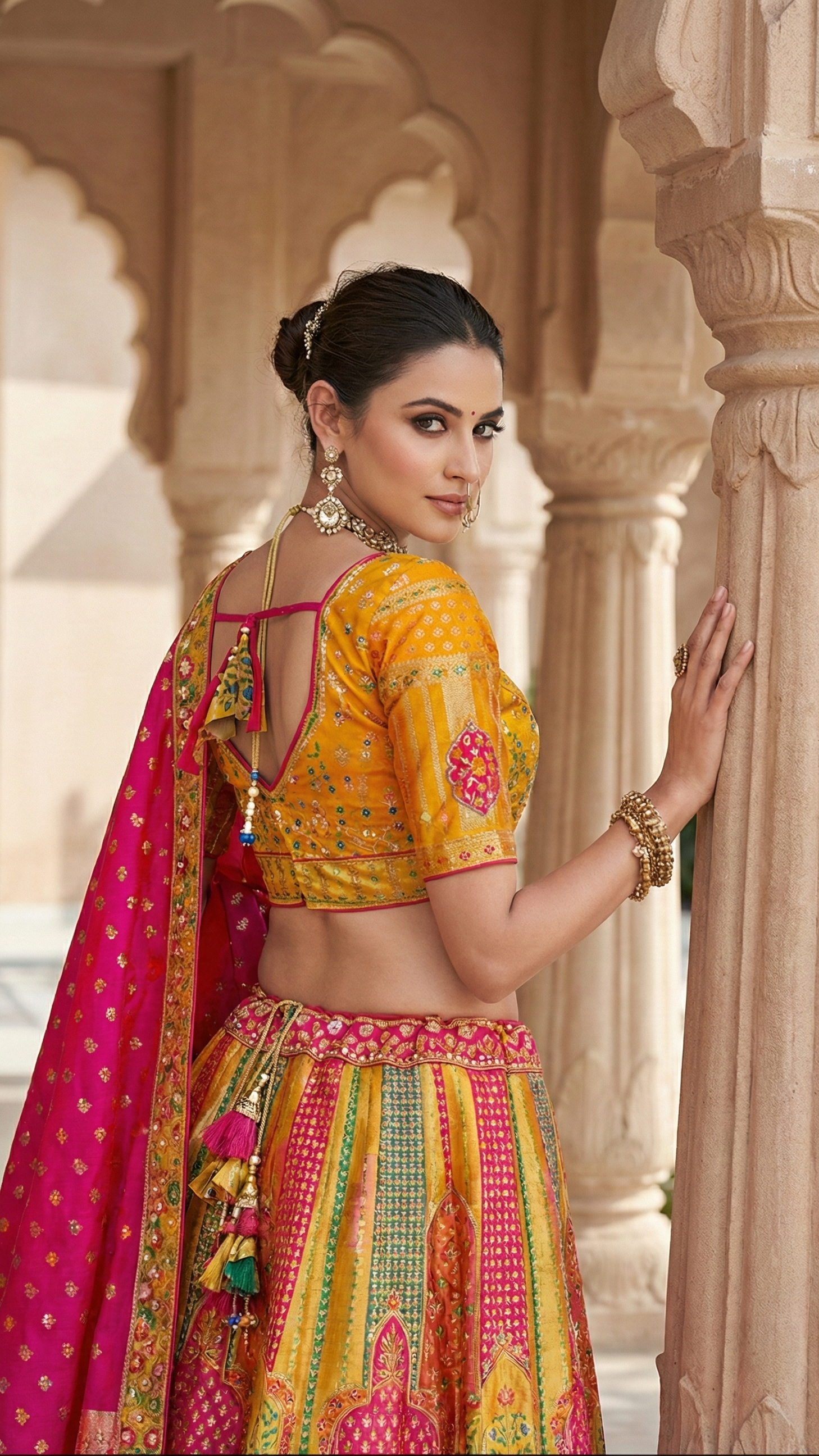 Royal Multicolour Banarasi Silk Lehenga Choli with Zarkan, Cutwork & Latkan Belt
