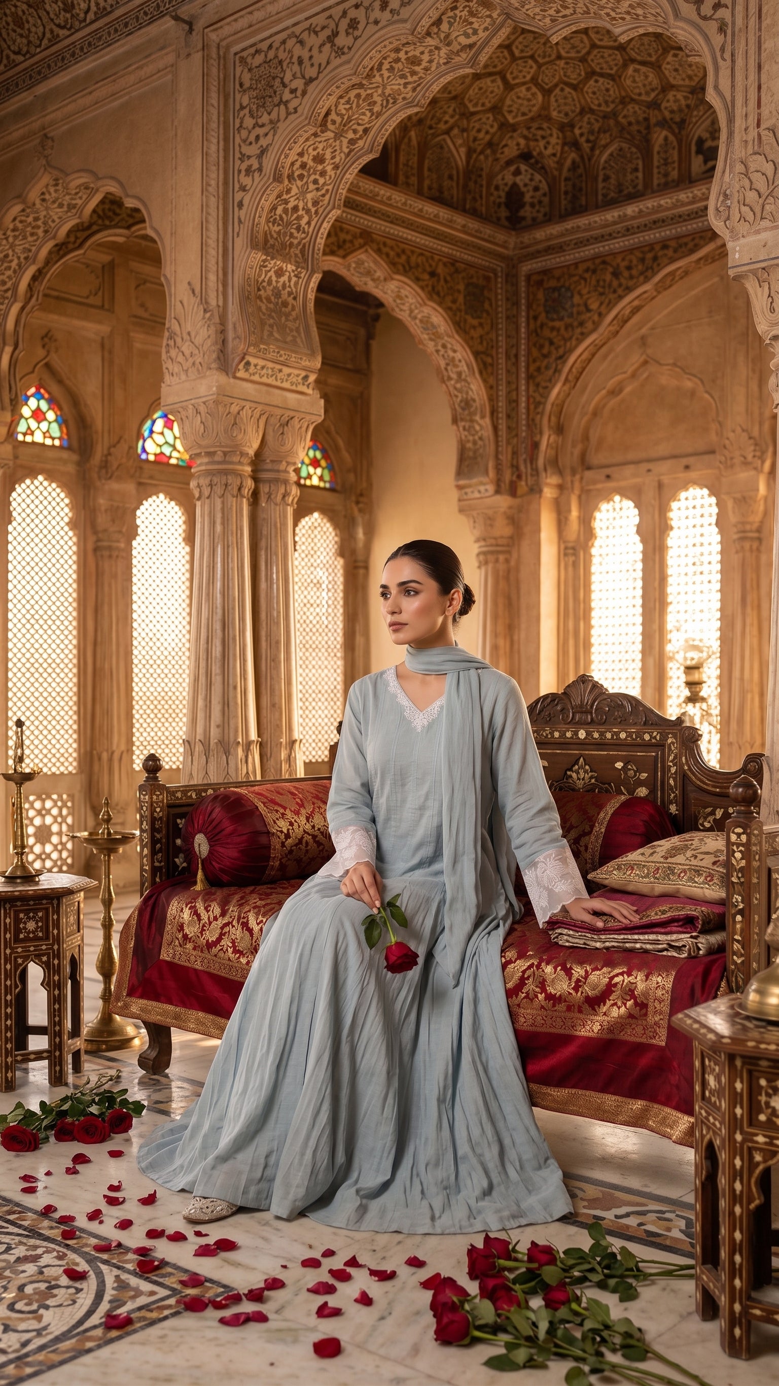 Powder Blue Mul Chanderi Anarkali Suit with Embroidered Cuffs & Dupatta