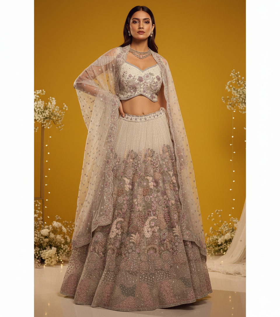 Ivory Pearl Net Embroidered Mirror Work Designer Lehenga Choli