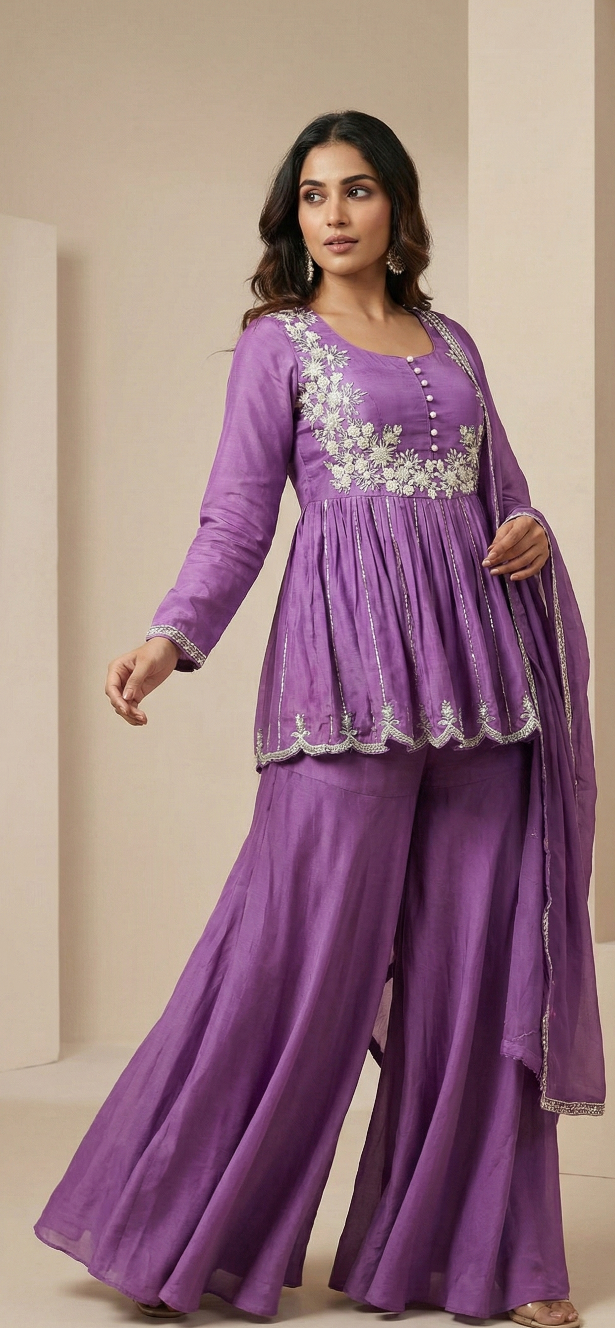 Purple Georgette Embroidered Kurta Palazzo Set with Dupatta
