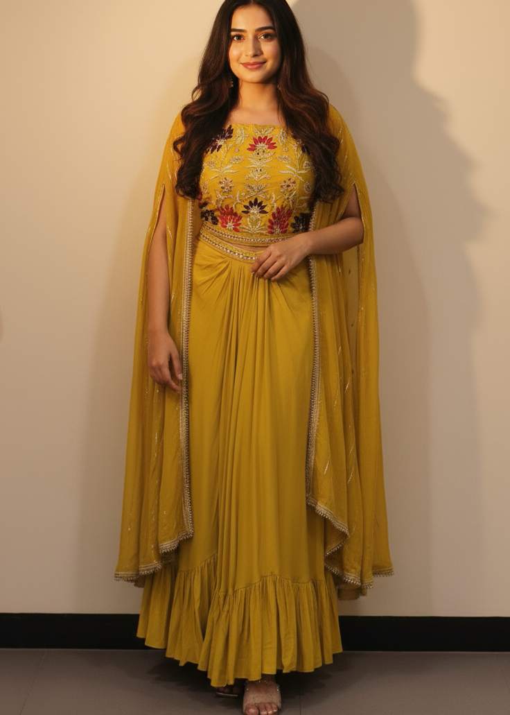 Mustard Yellow Chinnon & Georgette Cape Crop Top with Skirt Set