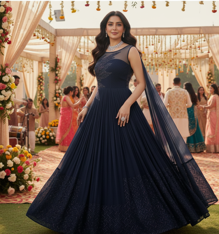 Midnight Blue Premium Chinon Silk Handwork Embroidered Designer Gown with Cancan