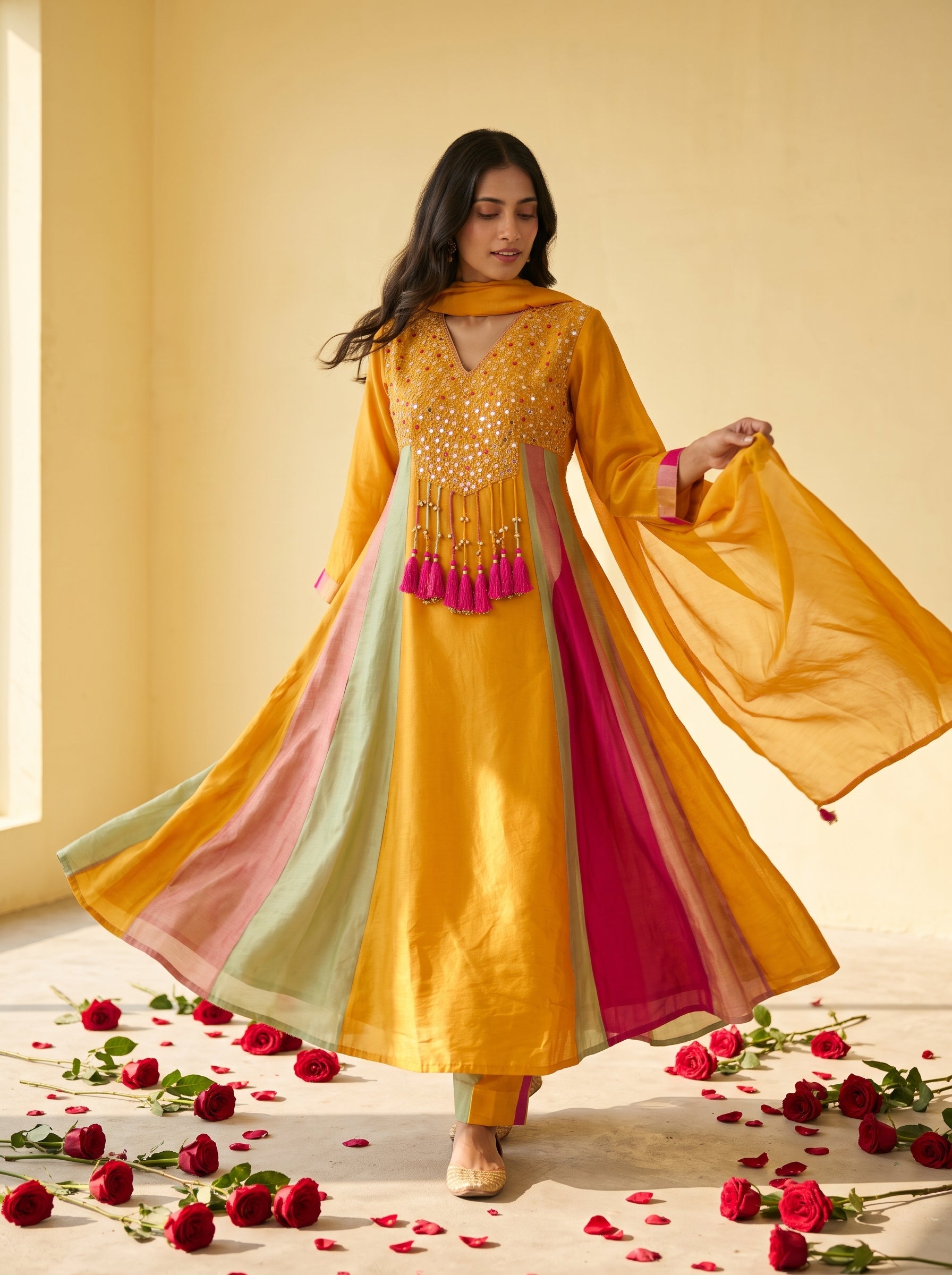 Kesariya Noor Mustard Yellow Silk Mirror Work Anarkali Suit & Dupatta