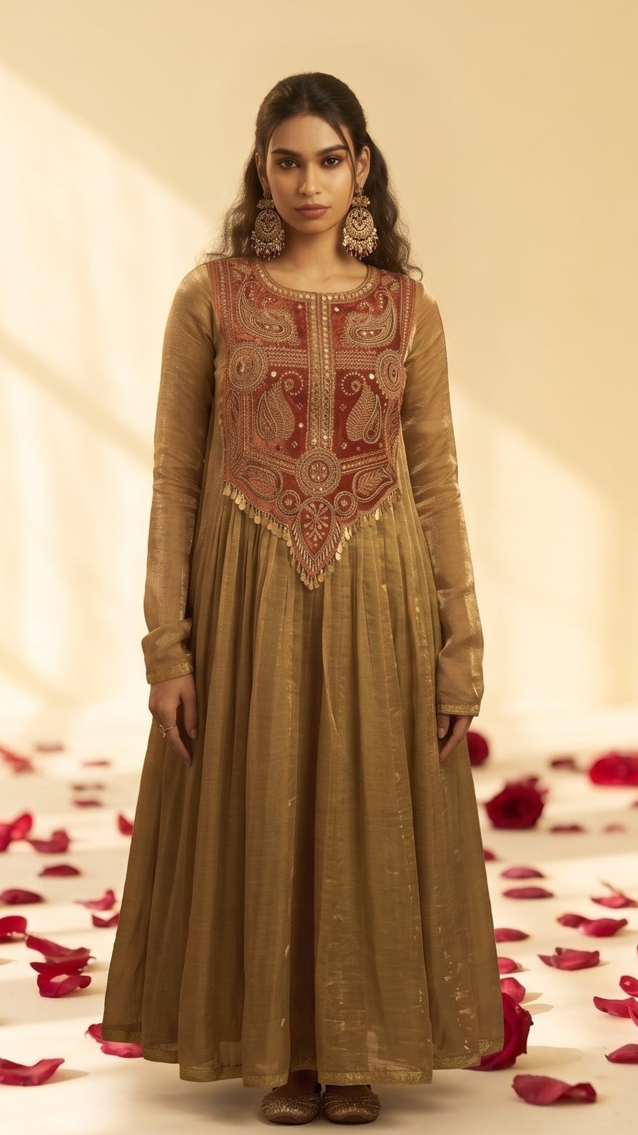 Antique Gold Organza Anarkali with Rust Paisley Embroidered Bodice