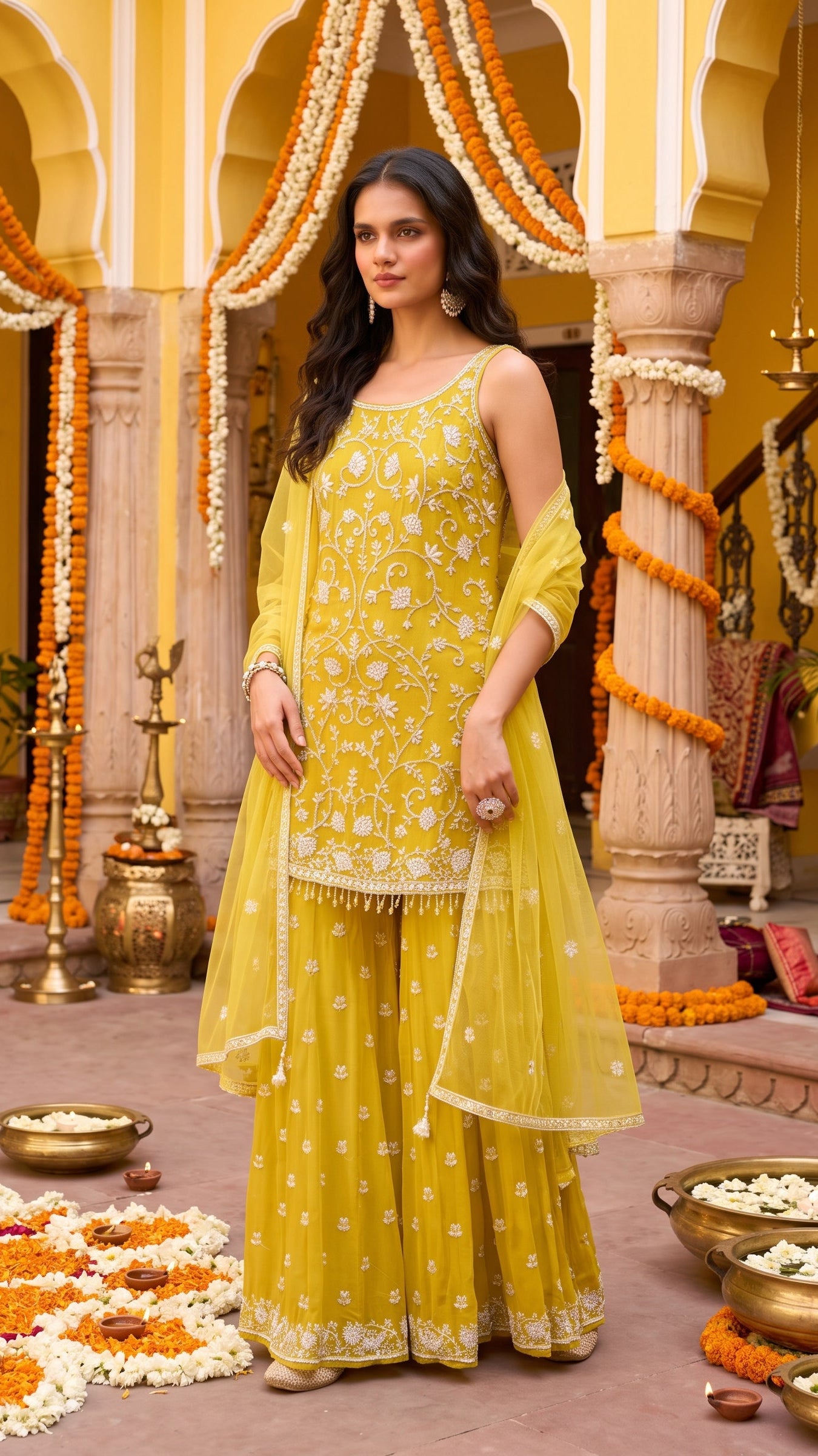 Sunshine Yellow Chiffon Embroidered Sharara Set with Dupatta