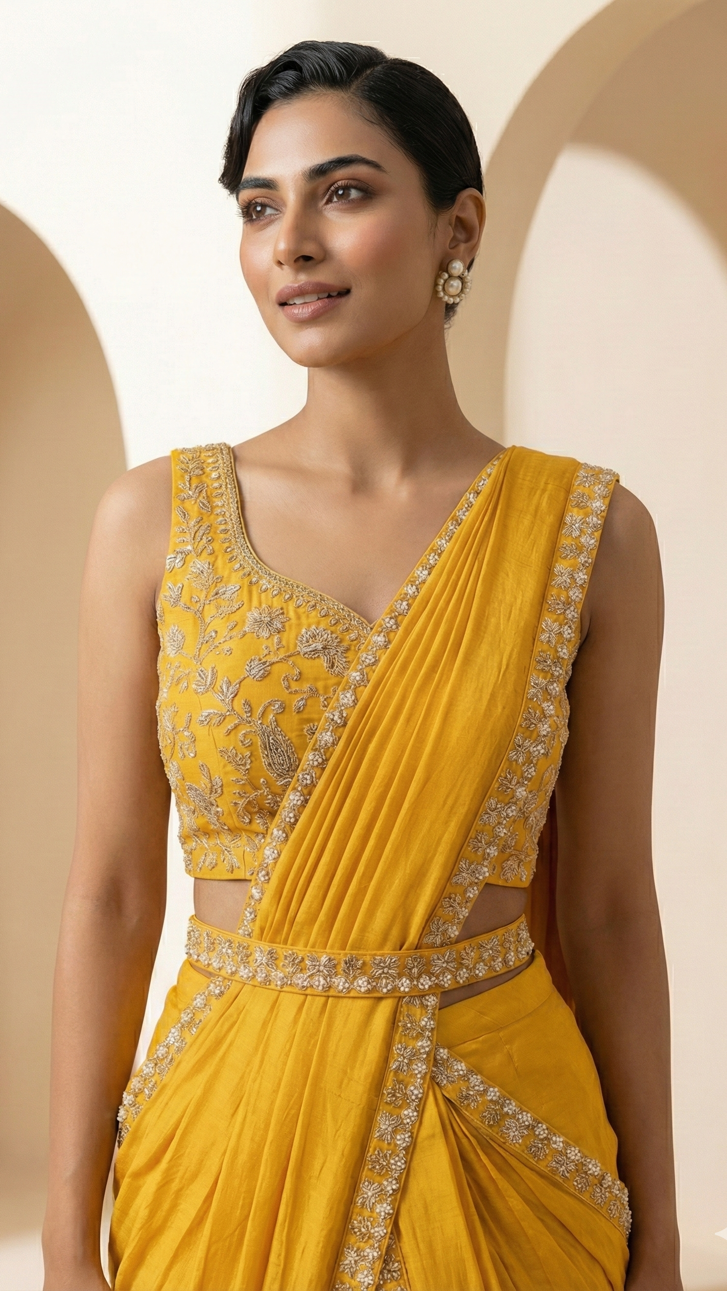 Sunlit Mustard Chinnon Silk Draped Indo-Western Set with Zardosi & Moti Work