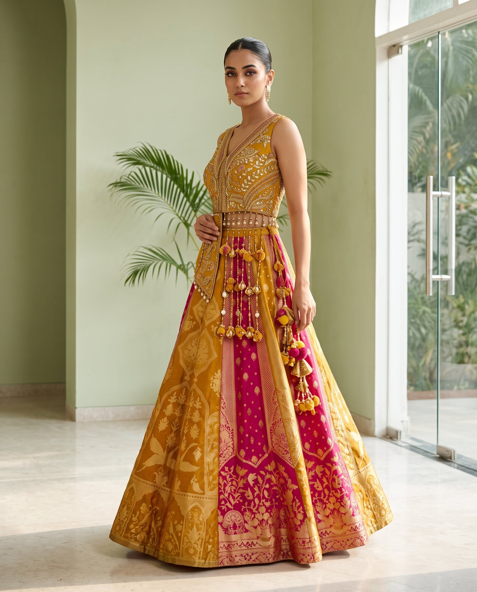 Mustard & Rani Pink Banarasi Silk Brocade Indo-Western Palazzo Set with Tasse