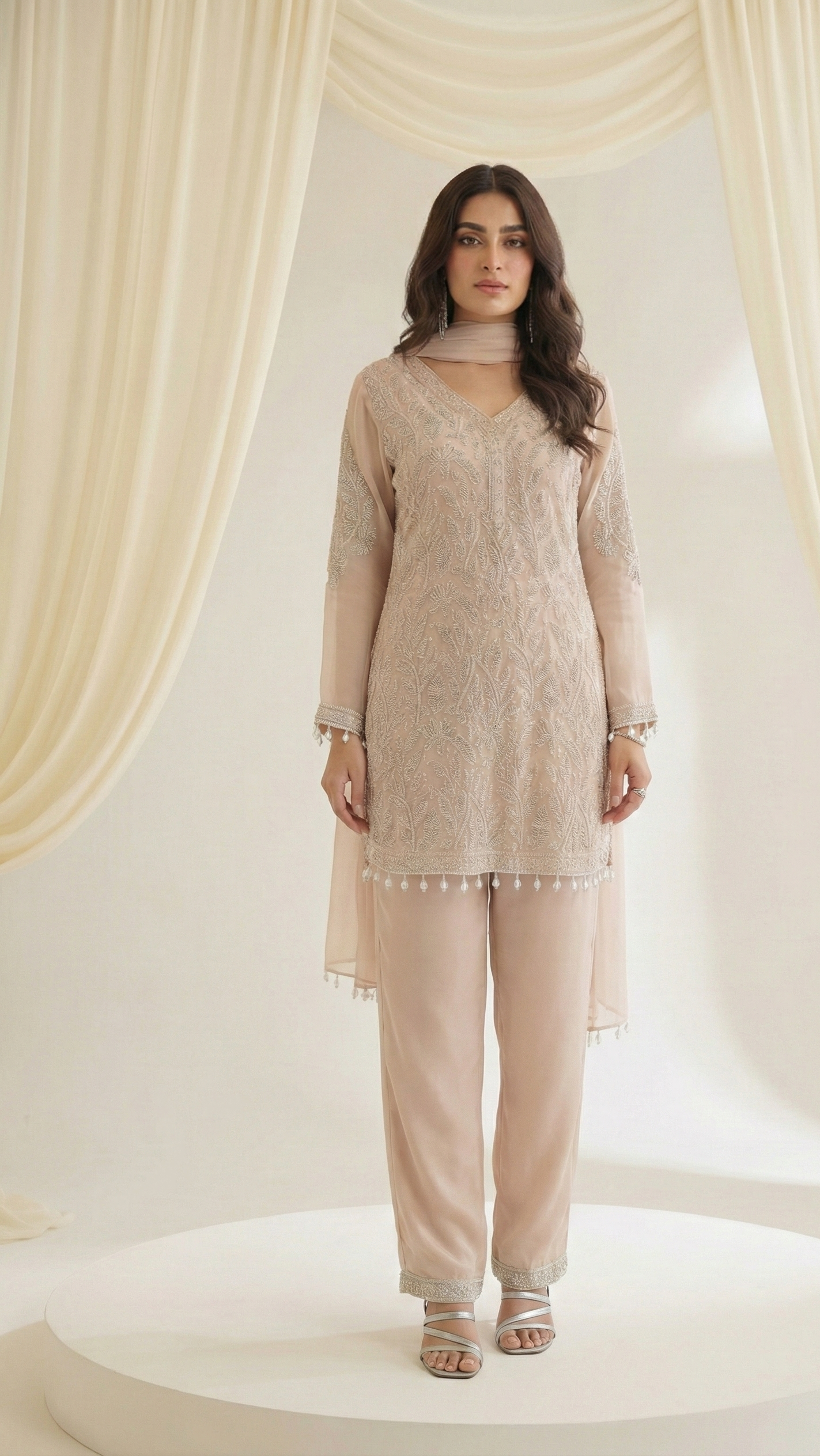Ivory Blush Premium Georgette Suit Set with Heavy Beads Embroidery & Chinon Silk Palazzo