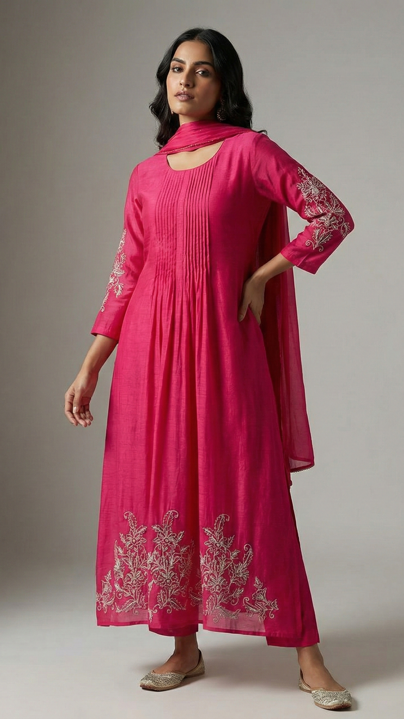 Pink Pure Mulchanderi Handwork Suit Set with Matching Pants & Dupatta