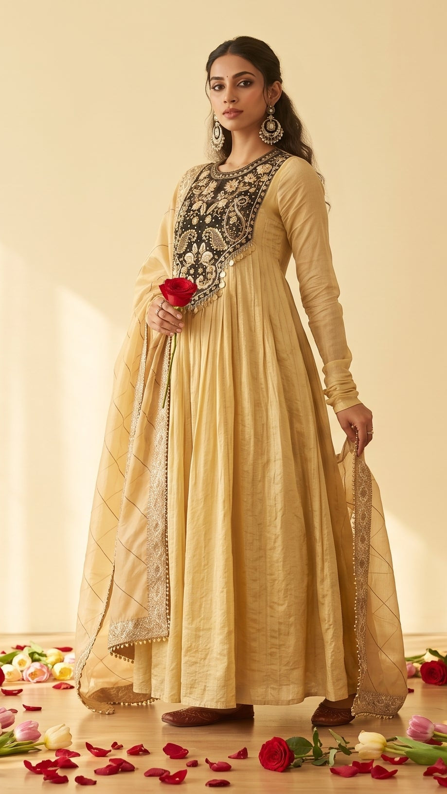 Golden Beige Organza Embroidered Kurta with Dupatta
