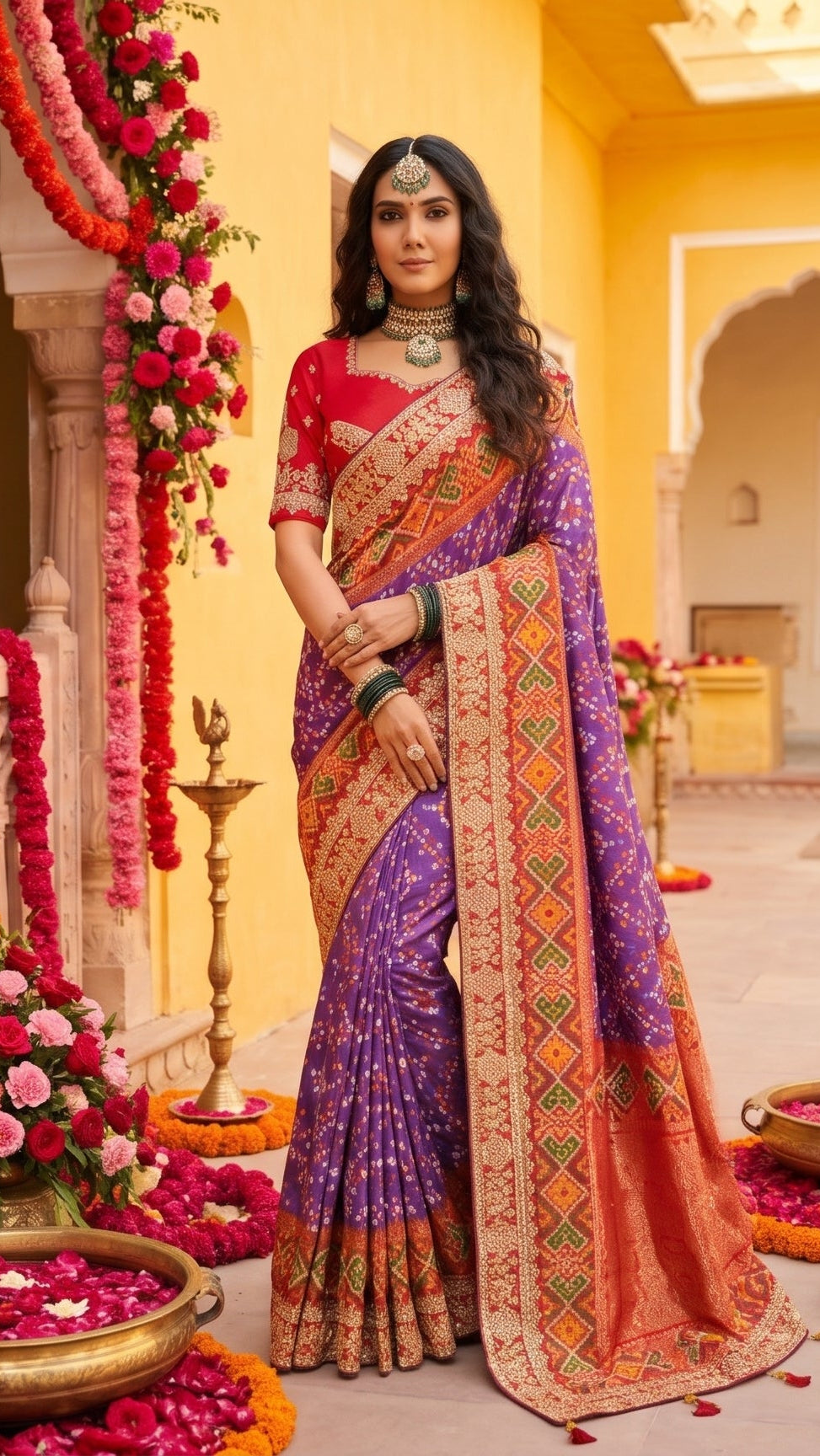 Rajvanshi Purple Patola Work Saree with Traditional Handwork & Rani Pink Blouse