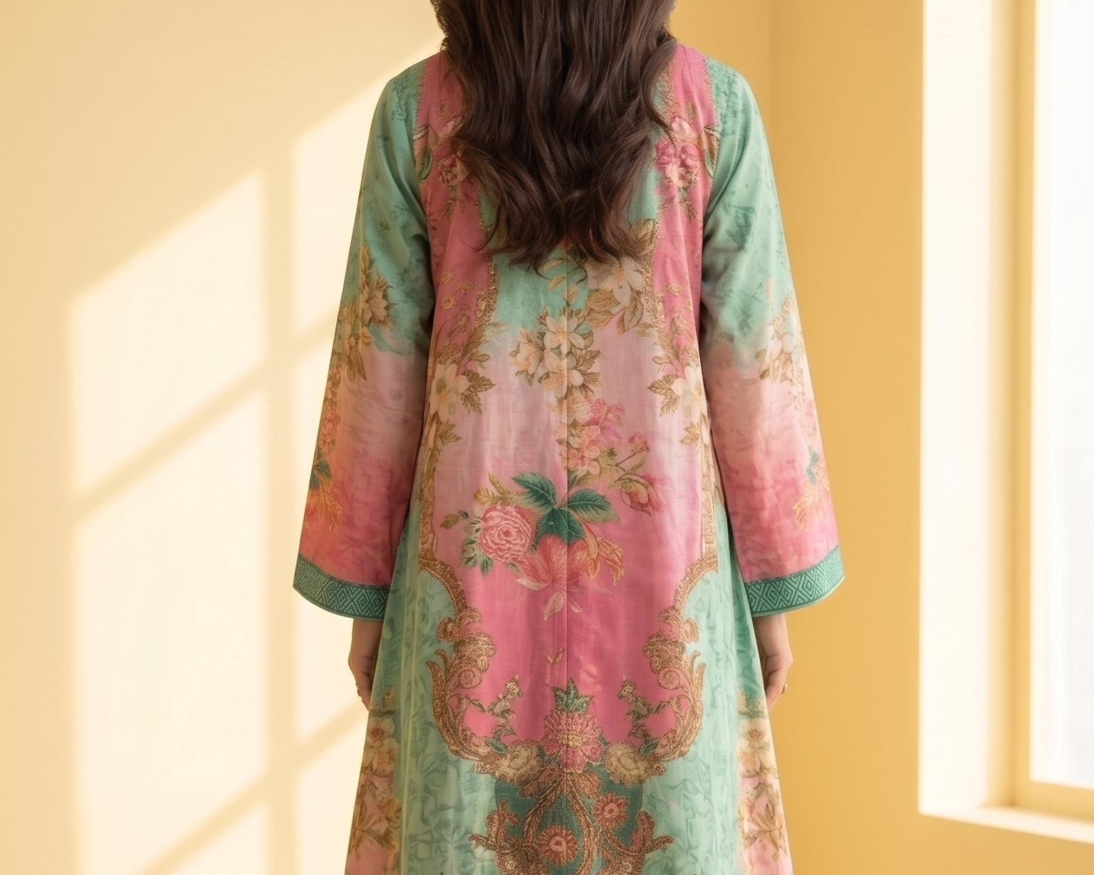 Aqua Mint & Rose Pink Crepe Printed Jacket Suit with Pants