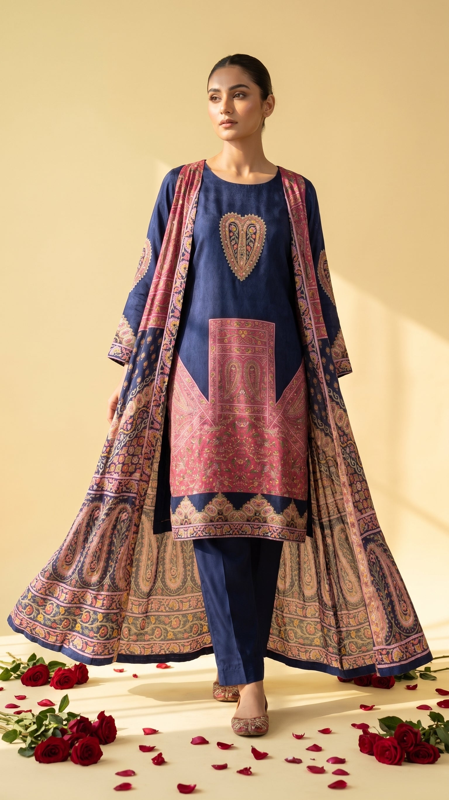 Navy Blue Crepe Printed Jacket Suit with Kurta & Pants