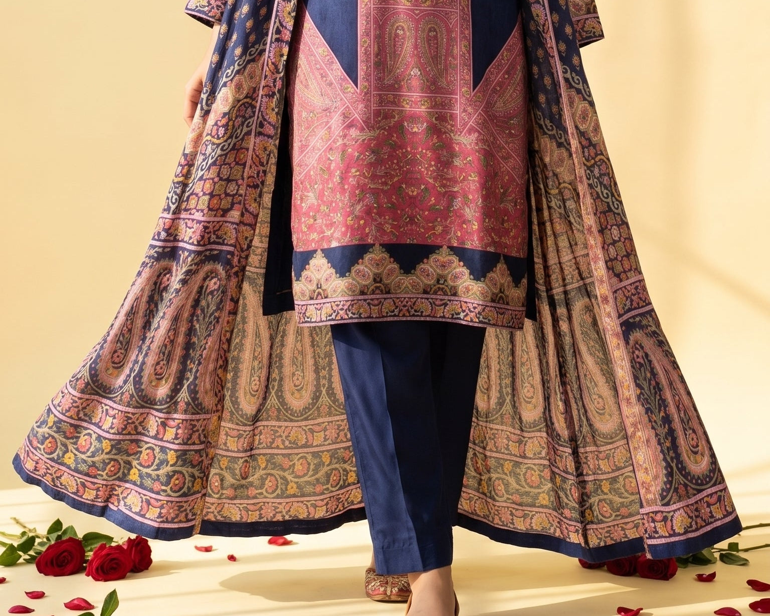 Navy Blue Crepe Printed Jacket Suit with Kurta & Pants