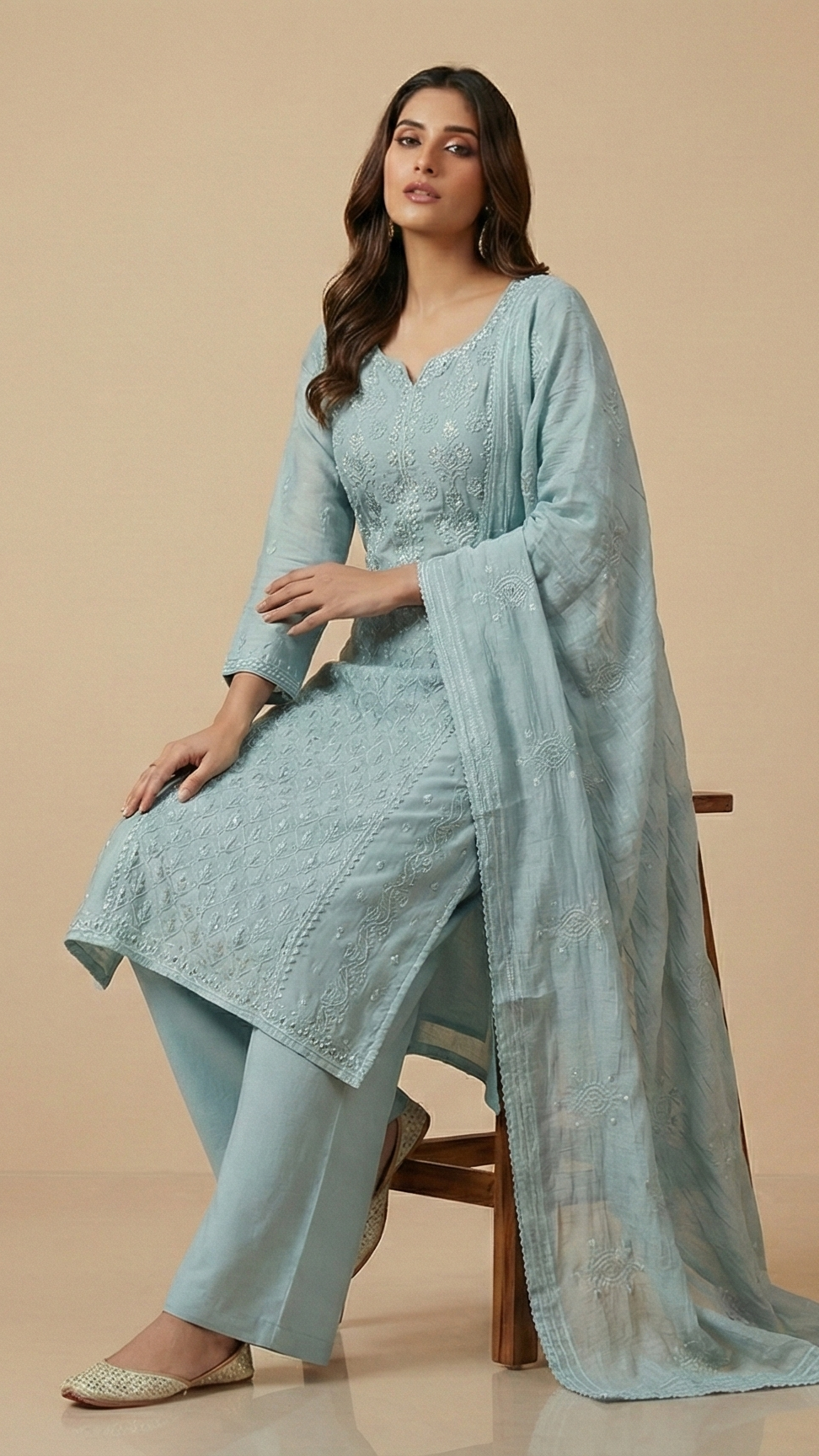 Sky Blue Pure Mulchanderi Chikankari Straight Suit Set with Matching Pants – Luxury Style