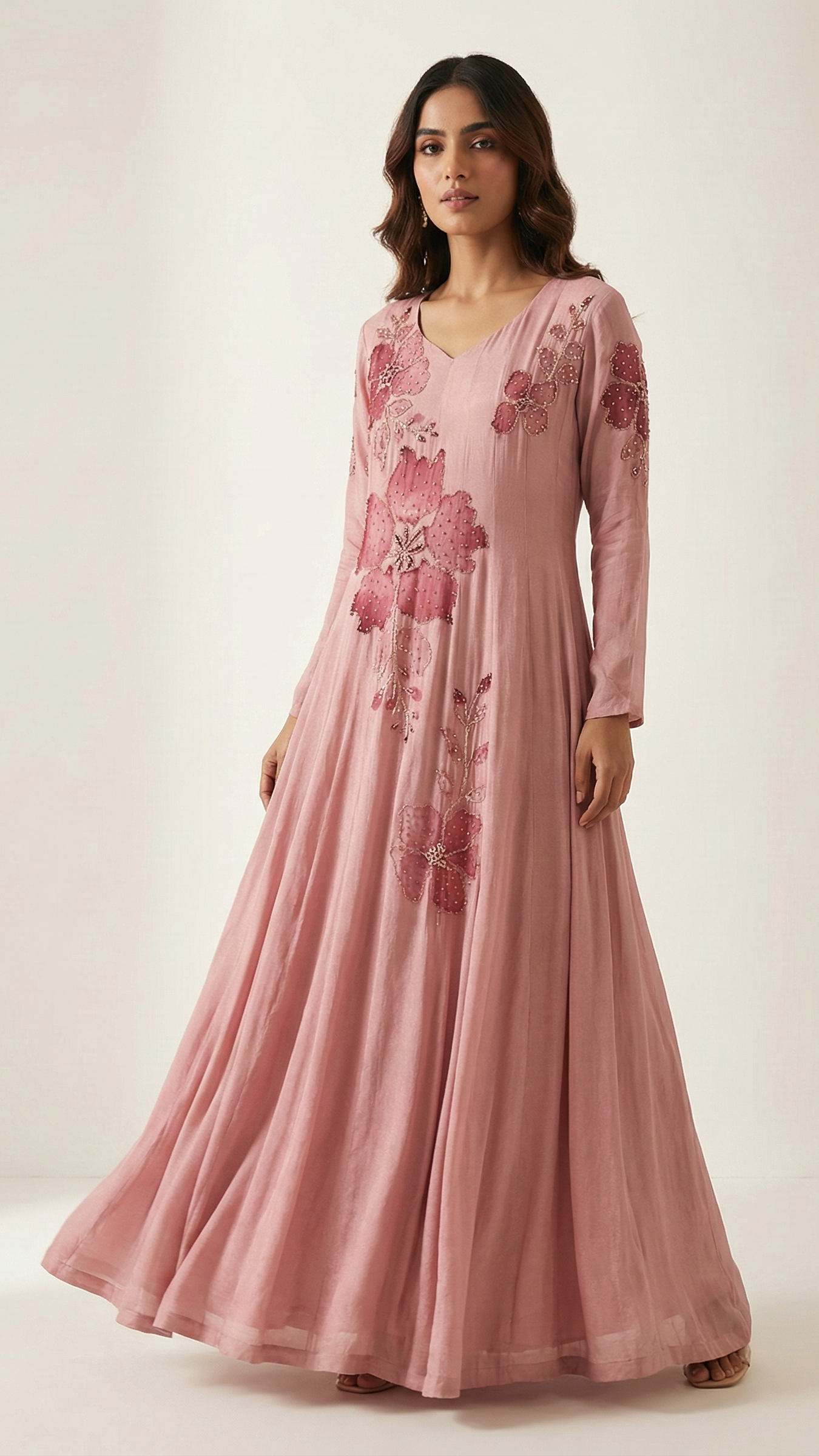 Blush Pink Chinnon Brush-Painted Floor-Length Gown Set with Handwork