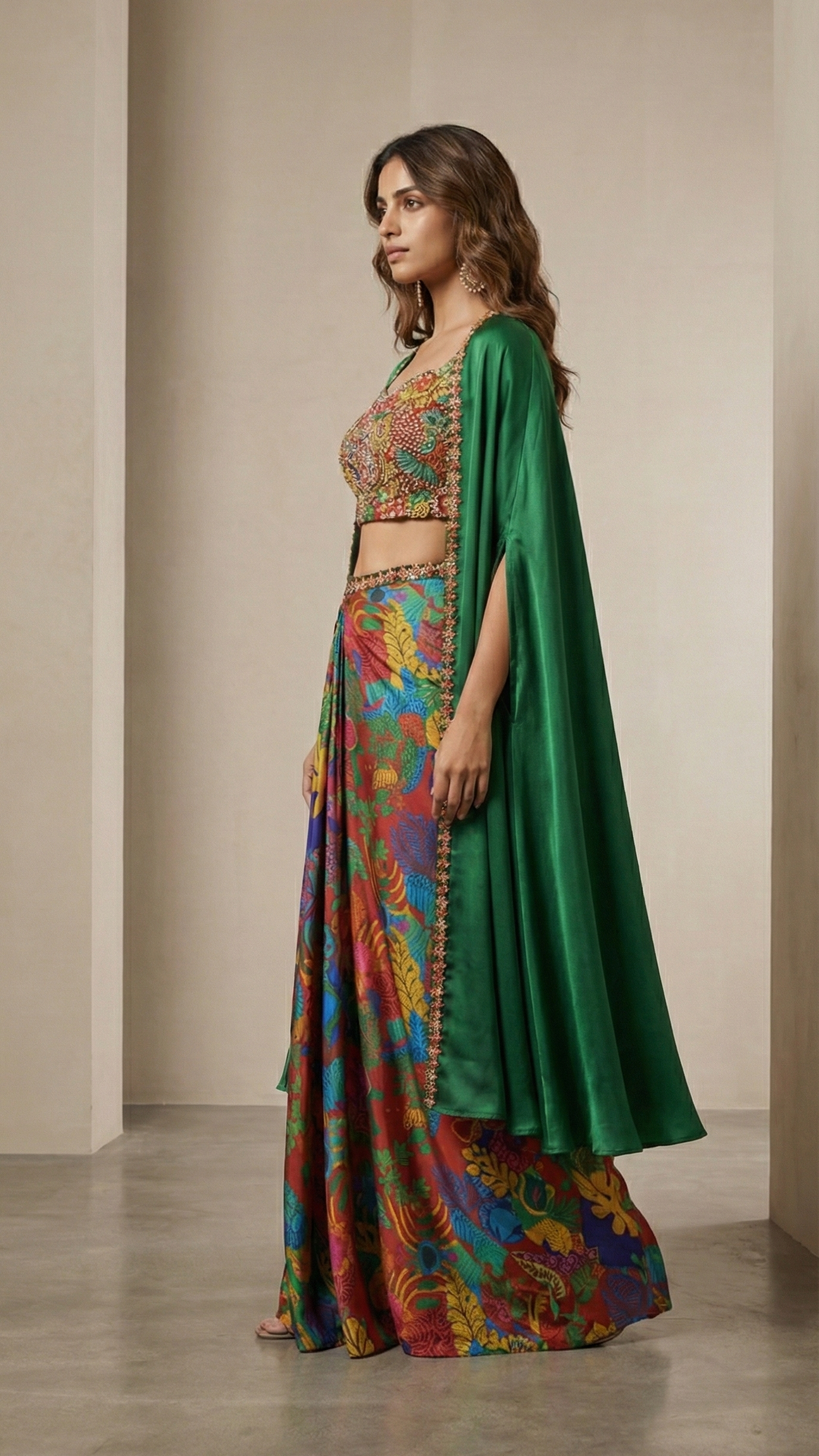 Vibrant Indo-Western Crepe Silk Set with Digital Print & Embroidered Top