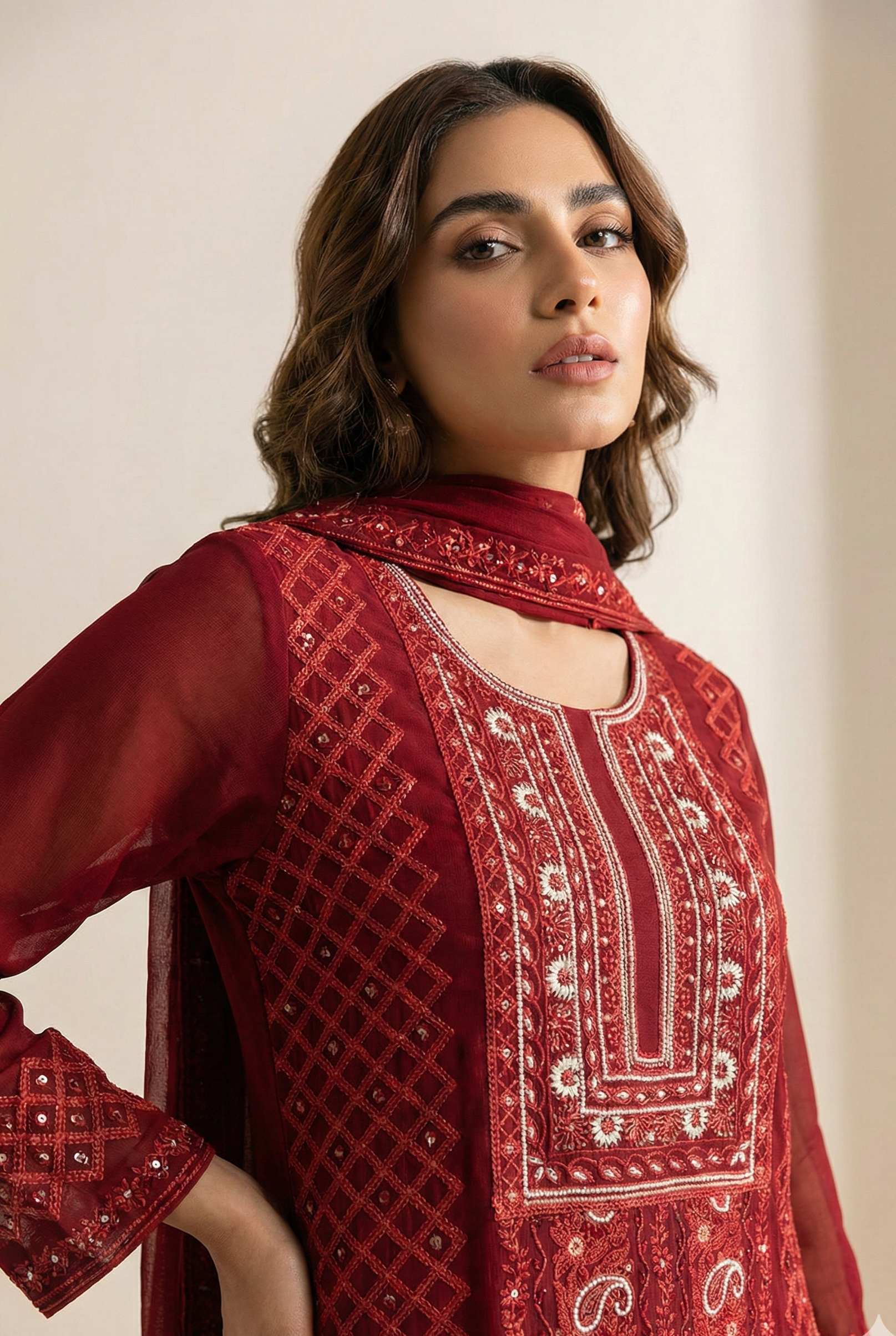 Maroon Georgette Chikankari Handwork Suit Set with Matching Dupatta & Pants
