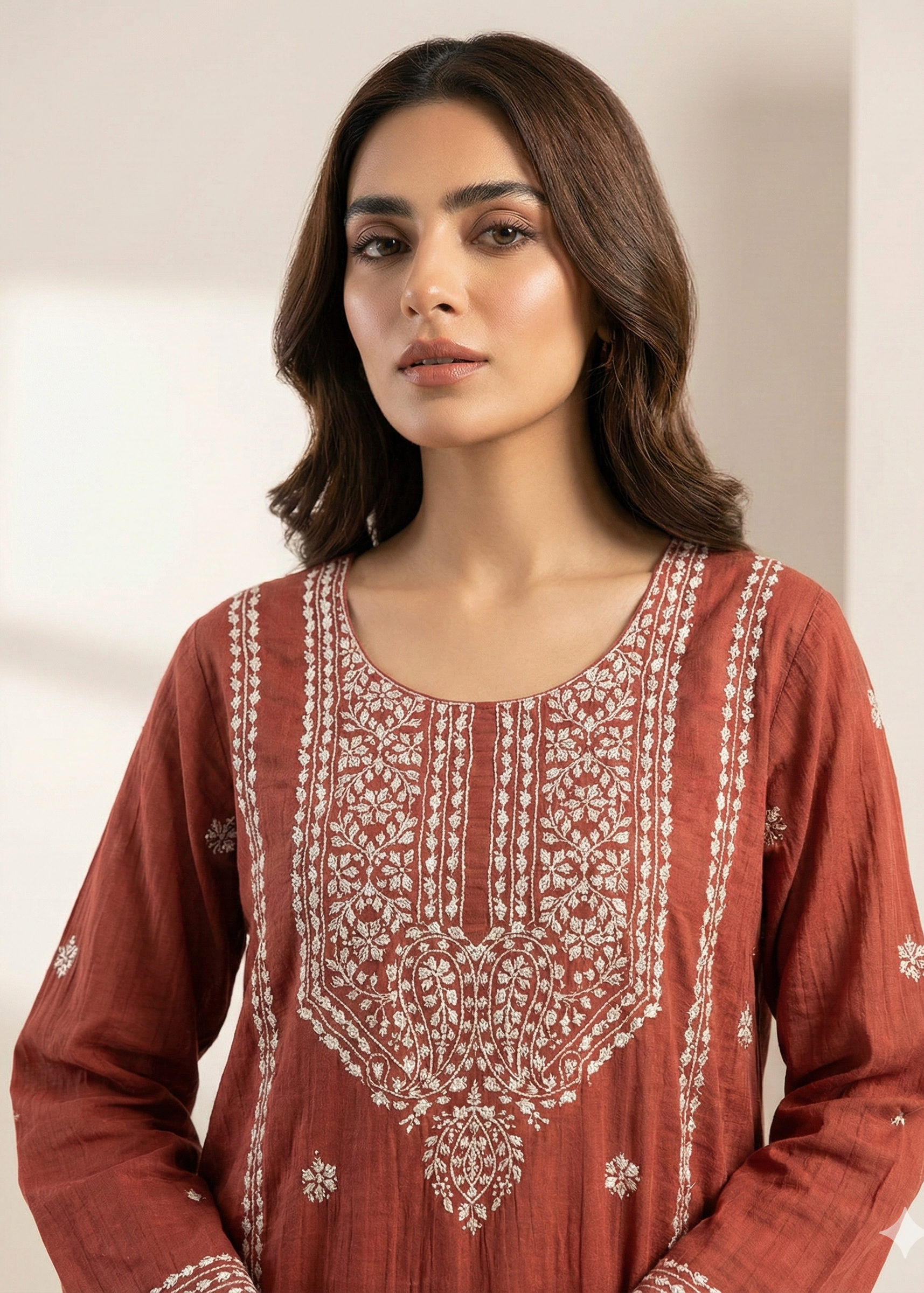 Rust Brown Pure Mulchanderi Chikankari Straight Suit