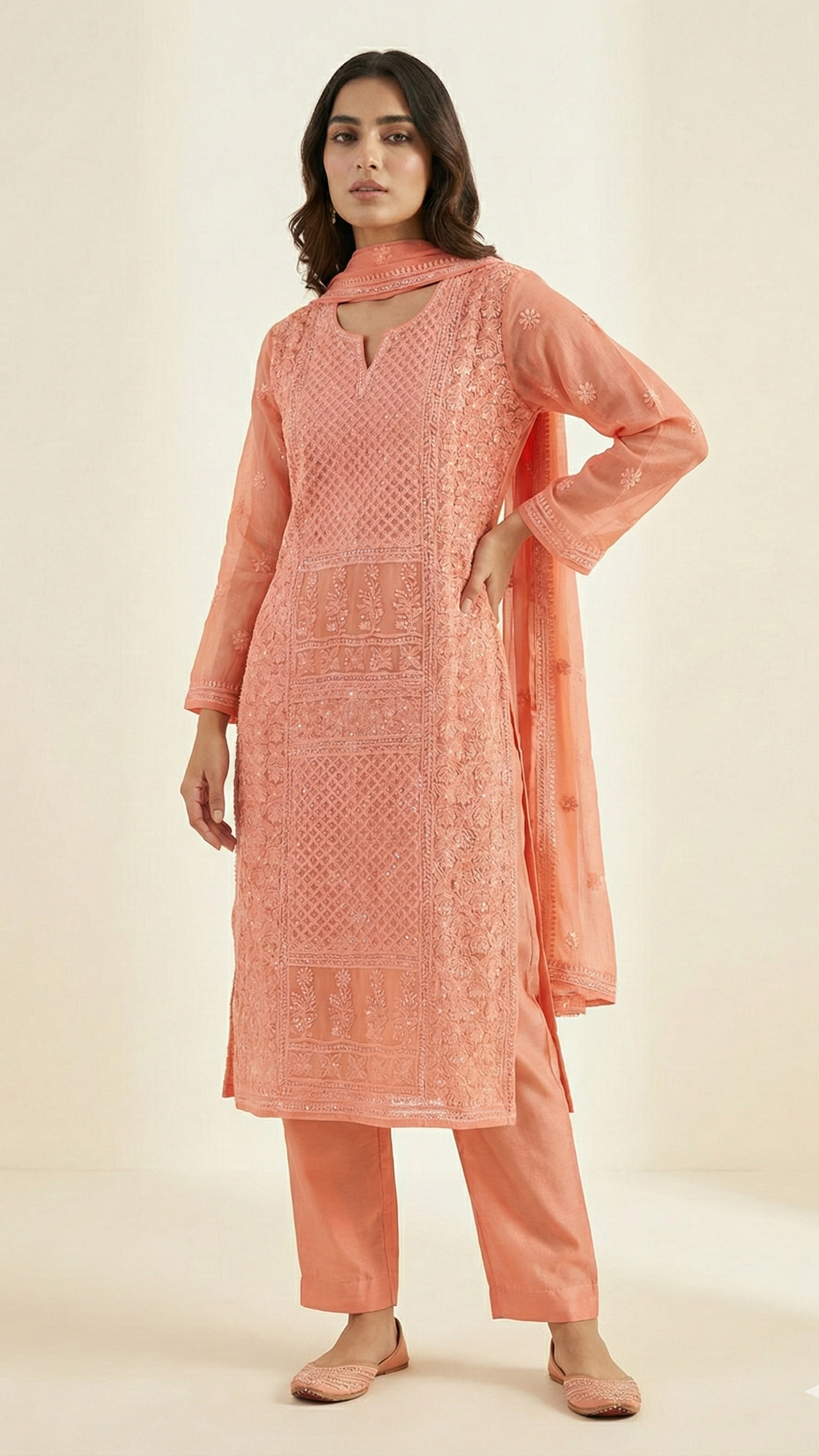 Blush Elegance – Pure Georgette Hand-Embroidered Suit Set with Pant & Dupatta