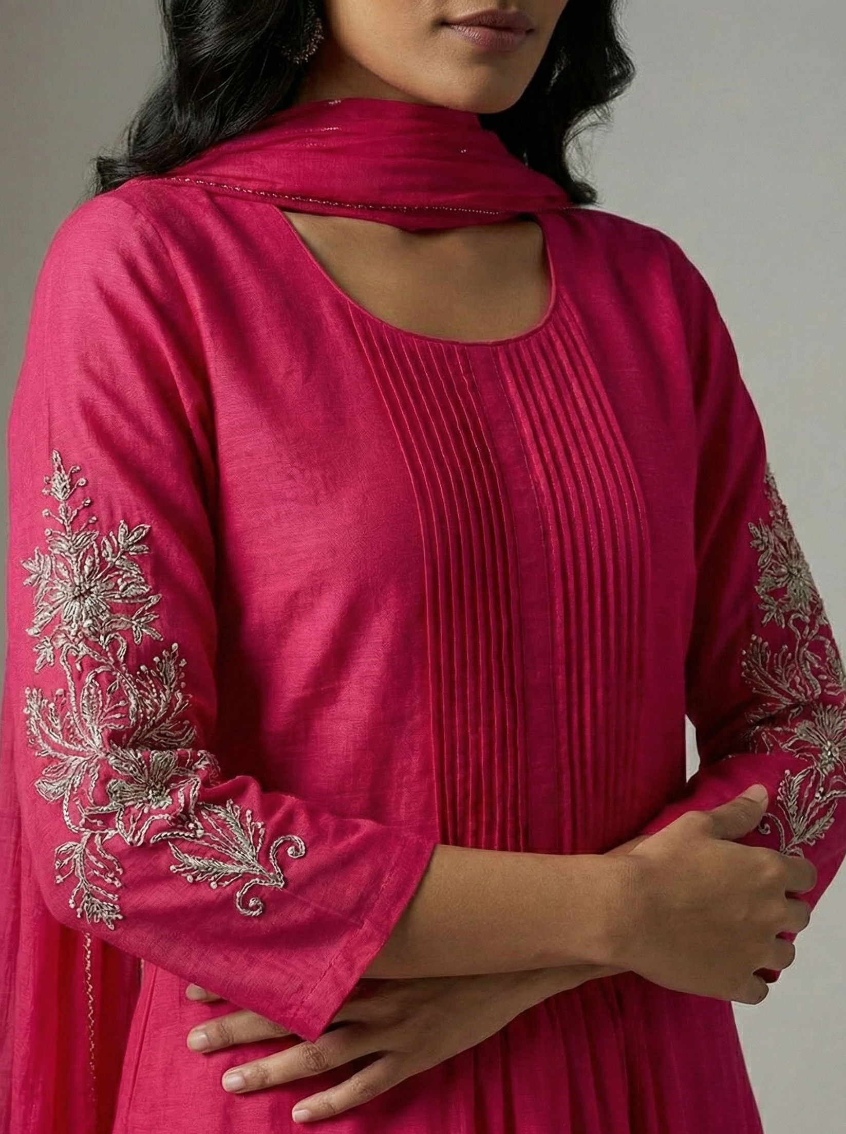 Pink Pure Mulchanderi Handwork Suit Set with Matching Pants & Dupatta