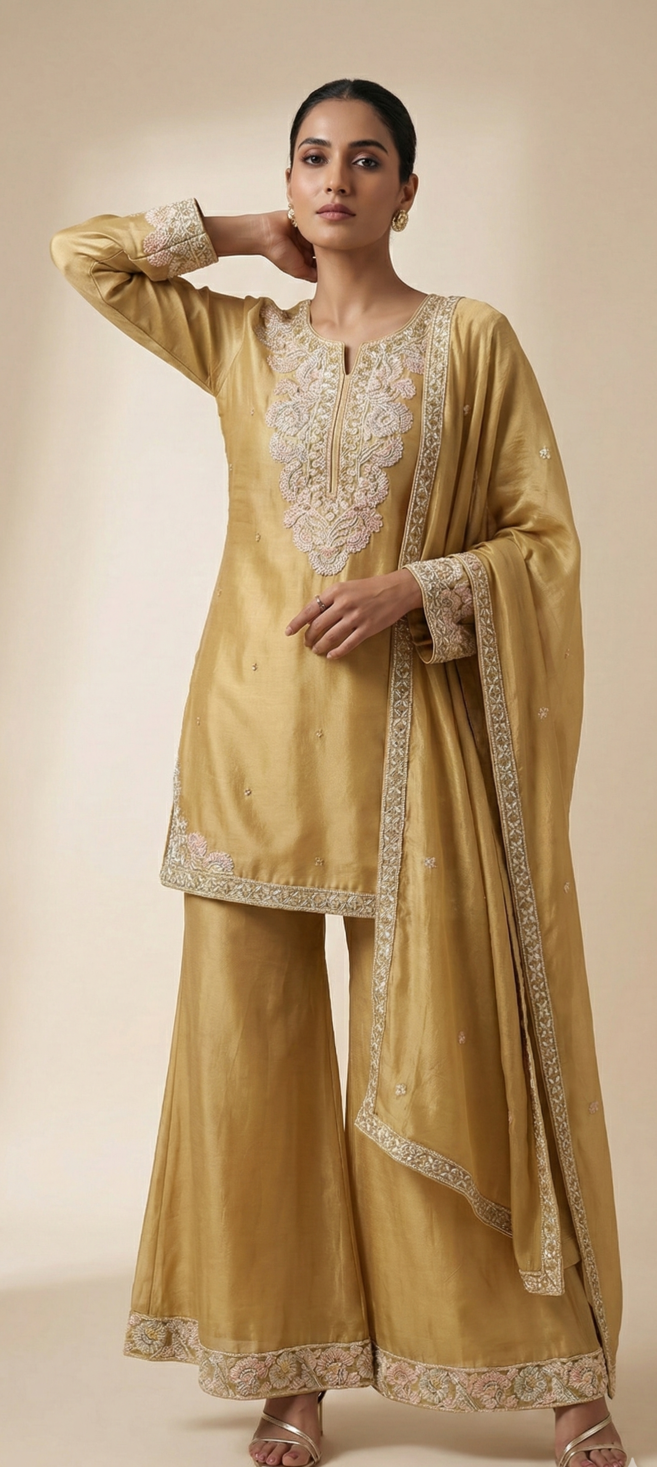 Golden Mustard Chinnon Embroidered Kurta Set with Dupatta