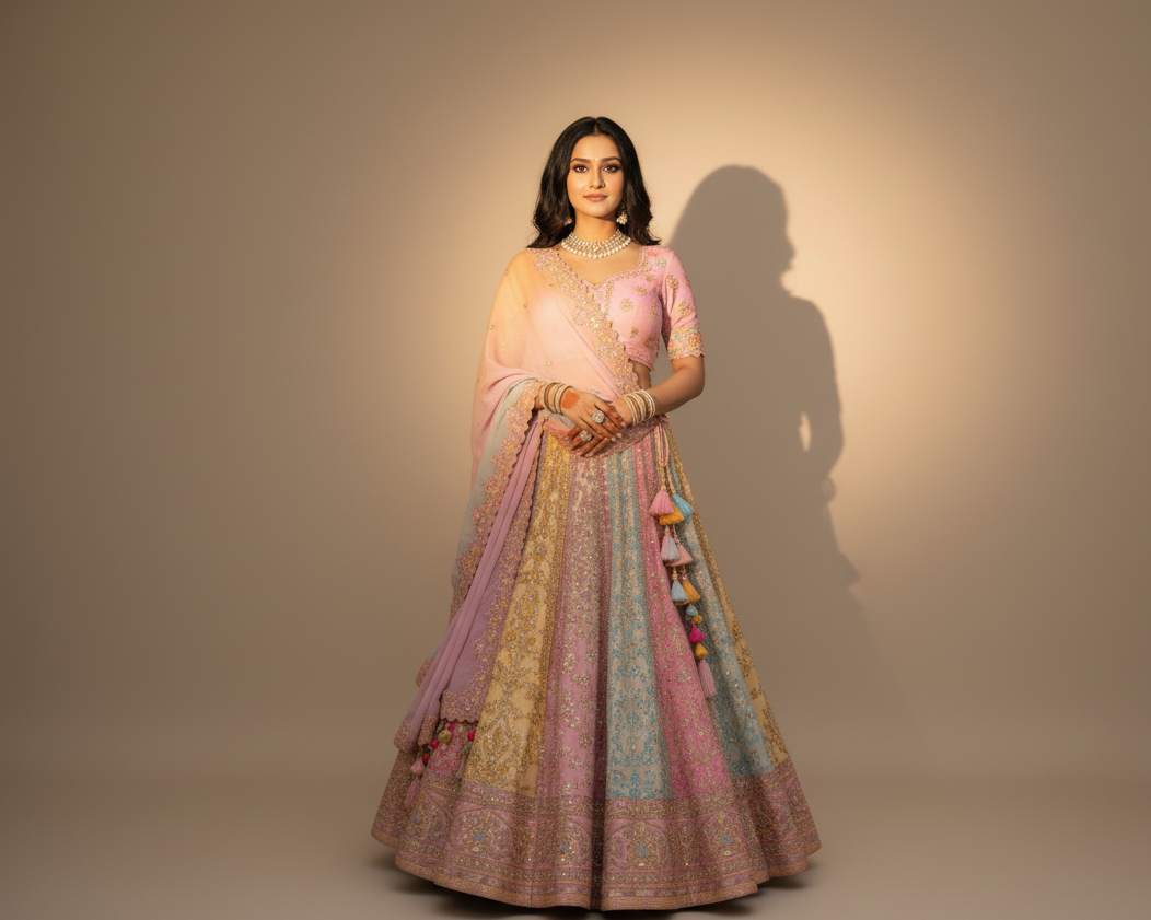 Pastel Multicolour Embroidered Silk Lehenga Choli with Blush Pink Dupatta