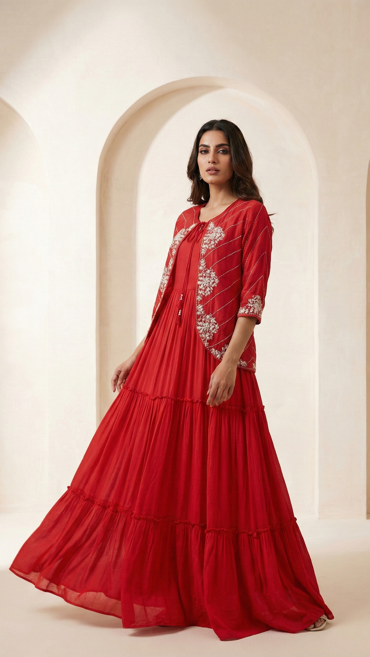 Crimson Red Georgette Tiered Indo-Western Gown with Embroidered Jacket