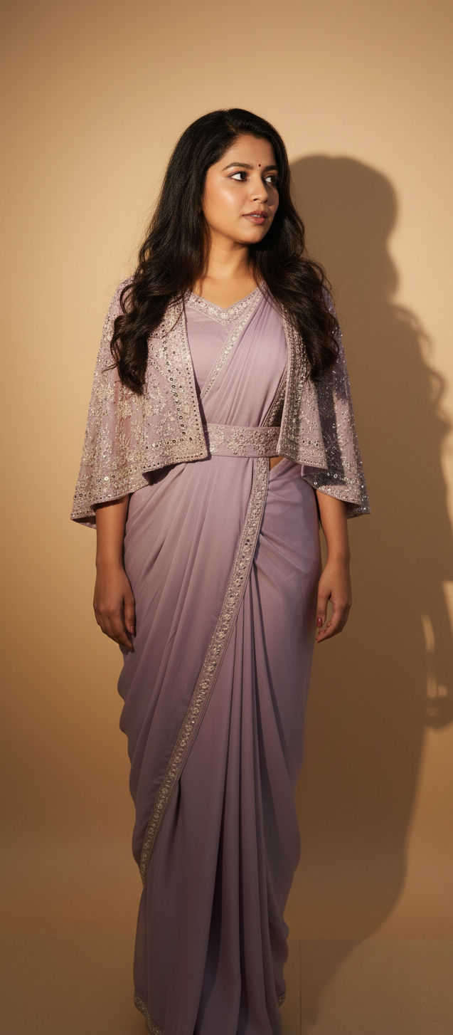 Dusty Mauve Chinnon Saree with Embroidered Cape-Style Blouse