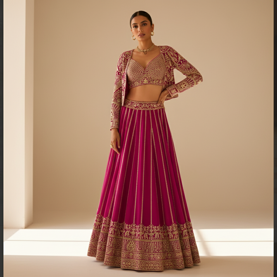 Rani Pink Premium Georgette Lehenga with Heavy Embroidered Blouse & Shrug