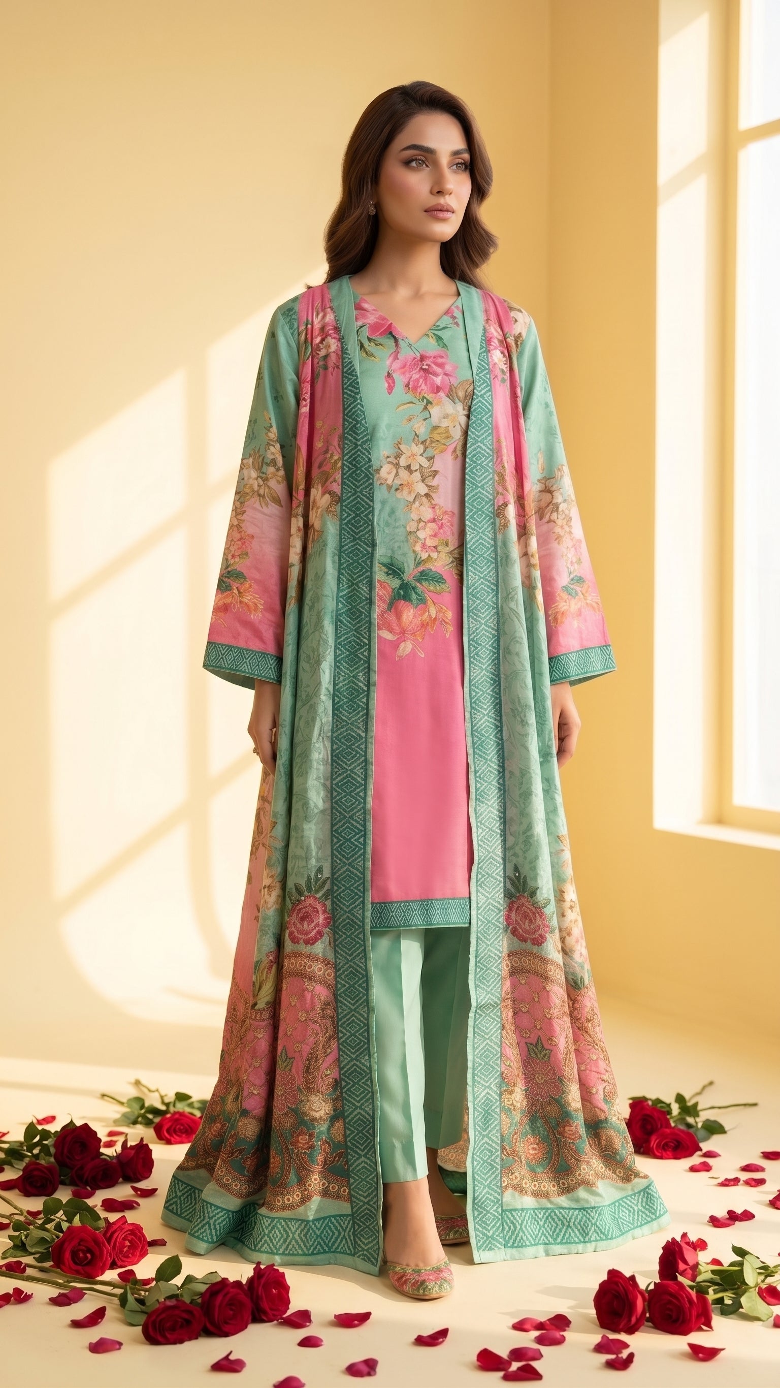 Aqua Mint & Rose Pink Crepe Printed Jacket Suit with Pants