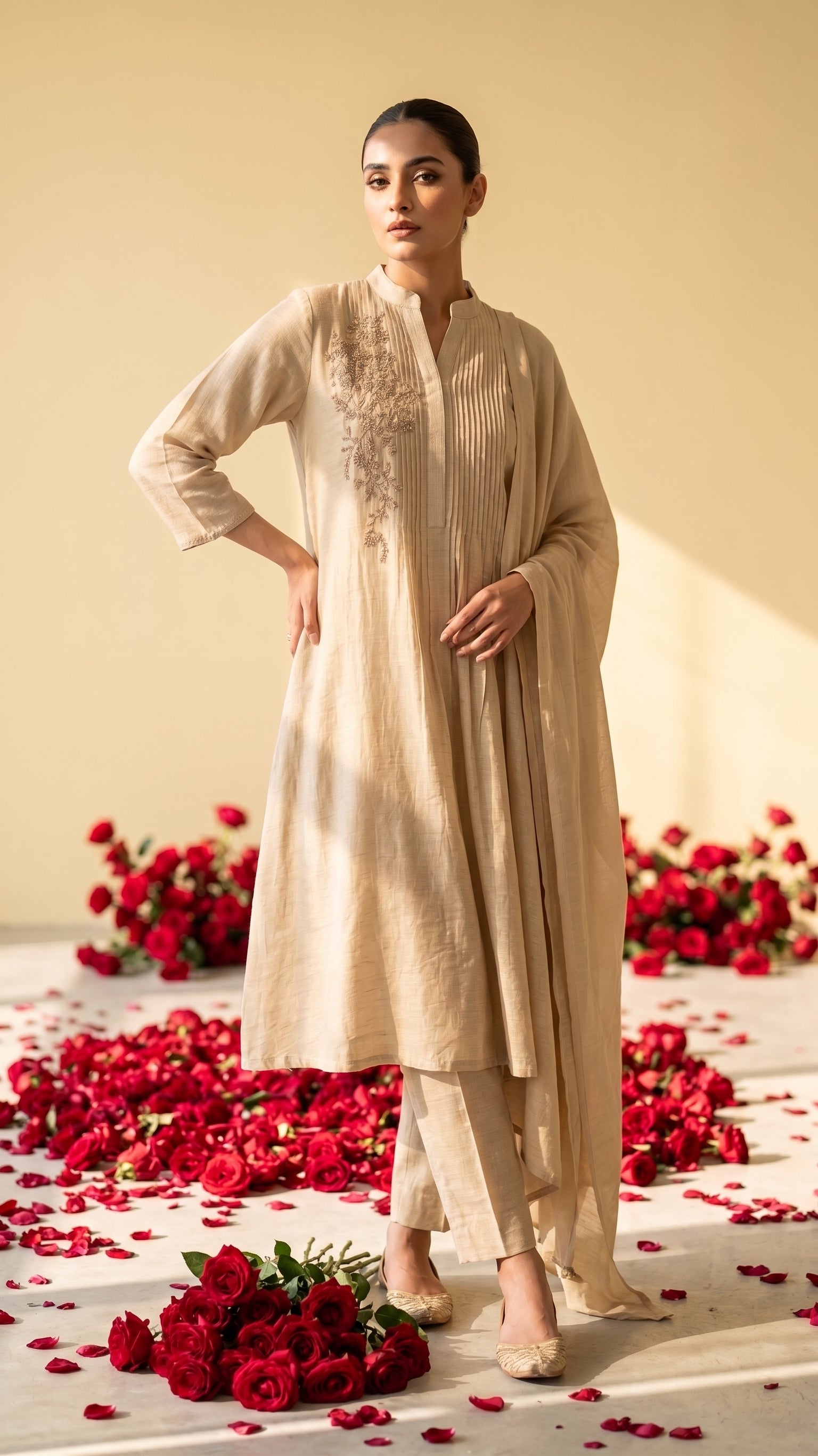 Champagne Beige Mul Chanderi Embroidered Suit with Pants & Dupatta