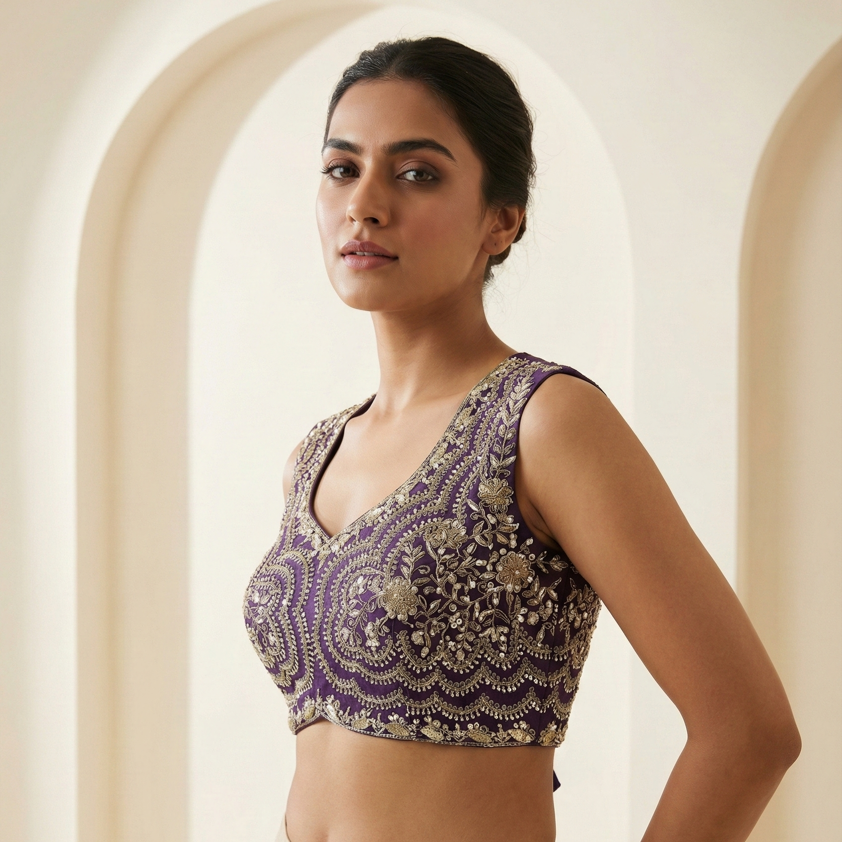 Ivory Beige Draped Saree with Heavy Handwork Blouse